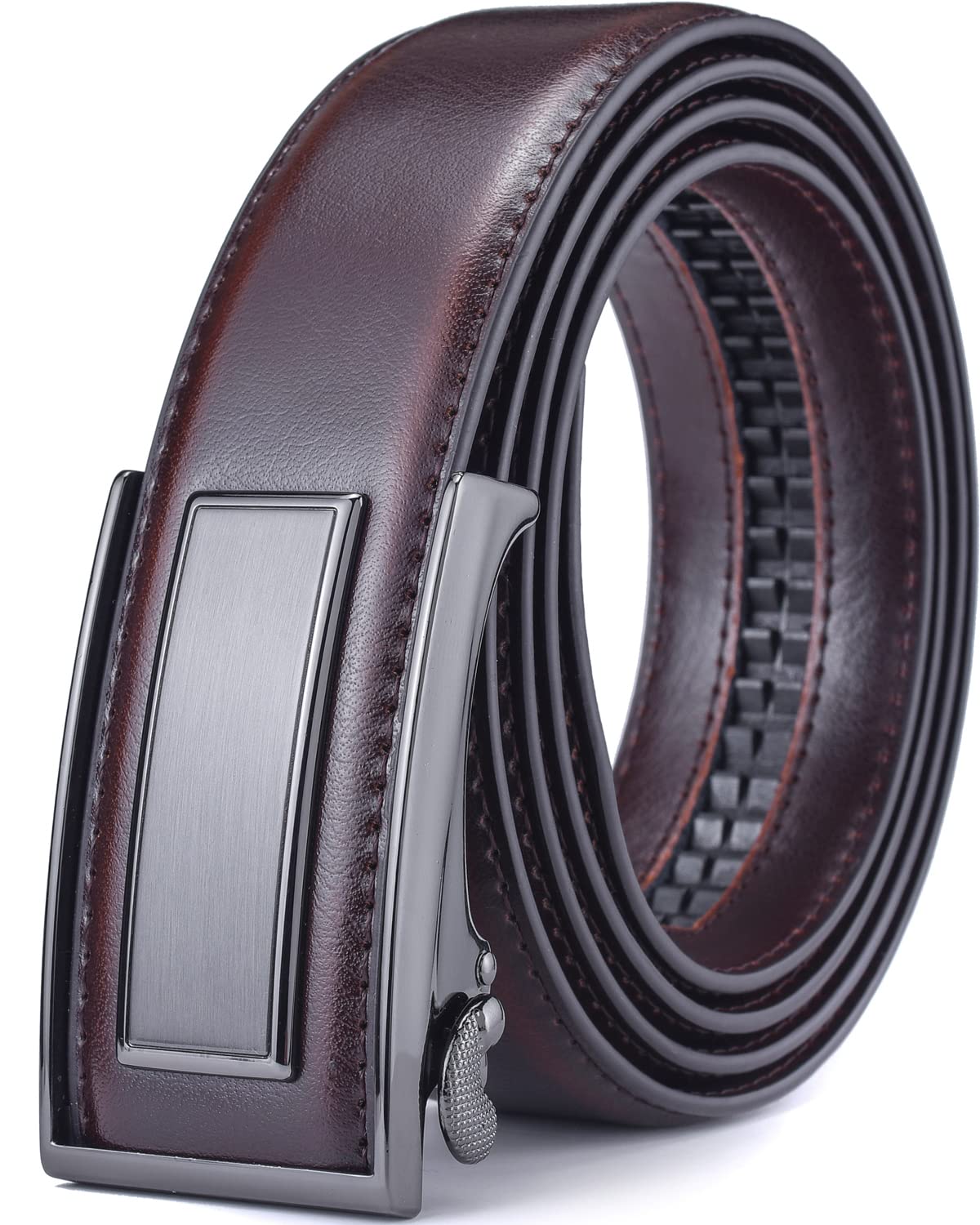 men’s belt beltox ratchet dress leather buckle belt black brown blue 1 3/8” gift box, cognac belt with black buckle, 32-36 inch waist