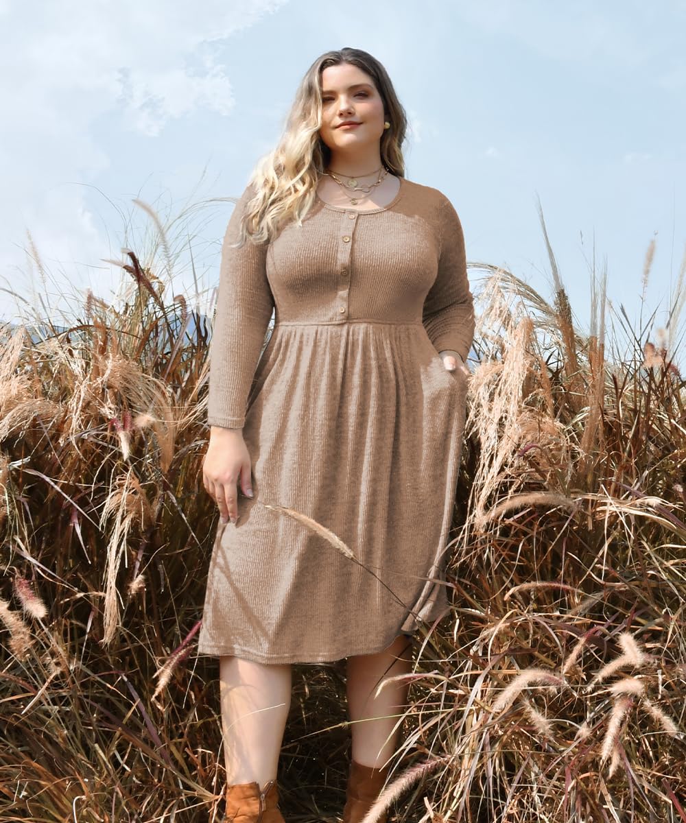 CARCOS Plus Size Sweater Dress Long Sleeve Henley Crew Neck Pullover Casual Fall Winter Knit Midi Dresses with Pocket XL-5XL - Image 2