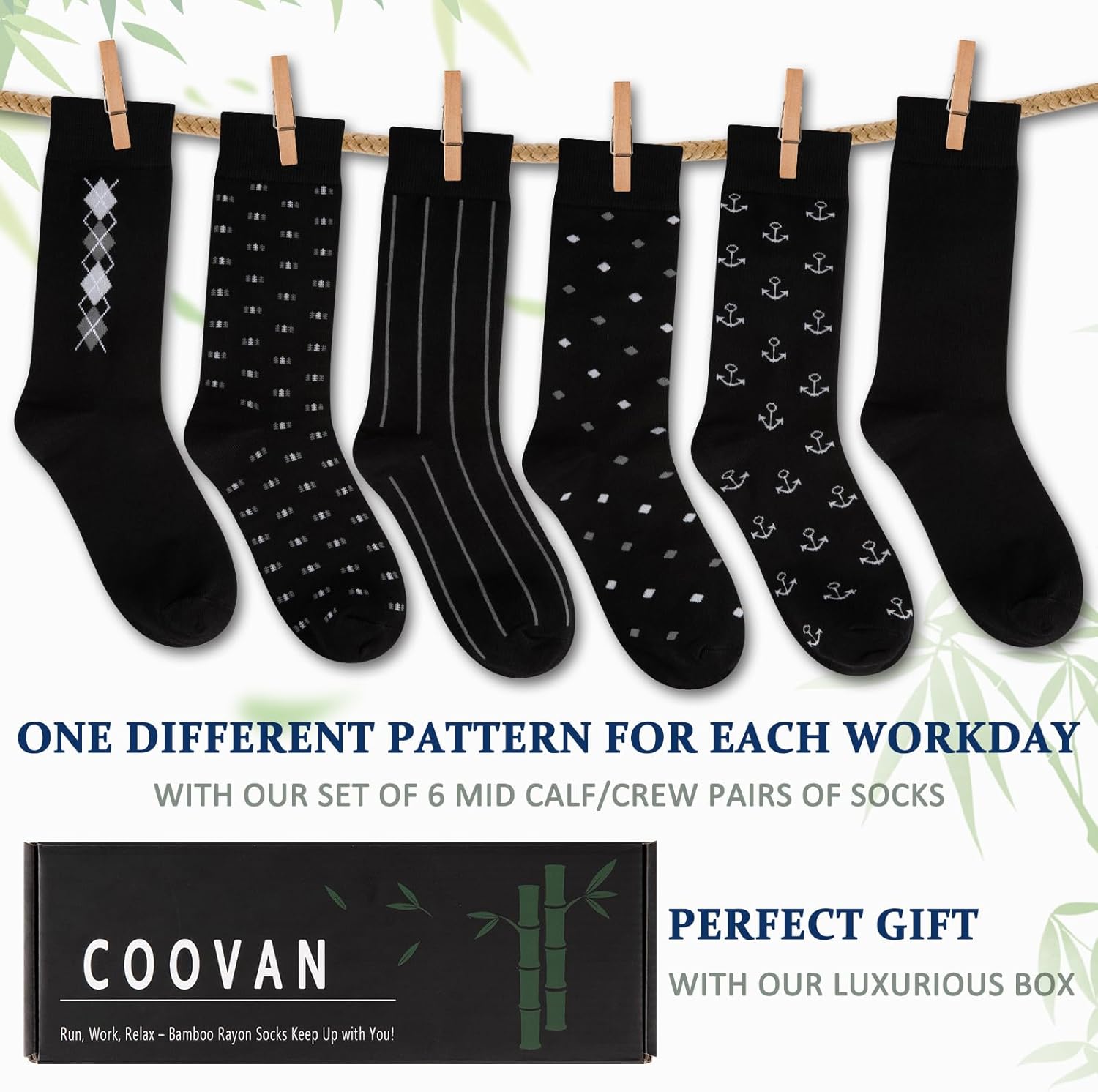 COOVAN Mens Dress Socks Bamboo Rayon Crew Business 6 Pairs Soft Thin Lightweight Socks for Men - Image 3