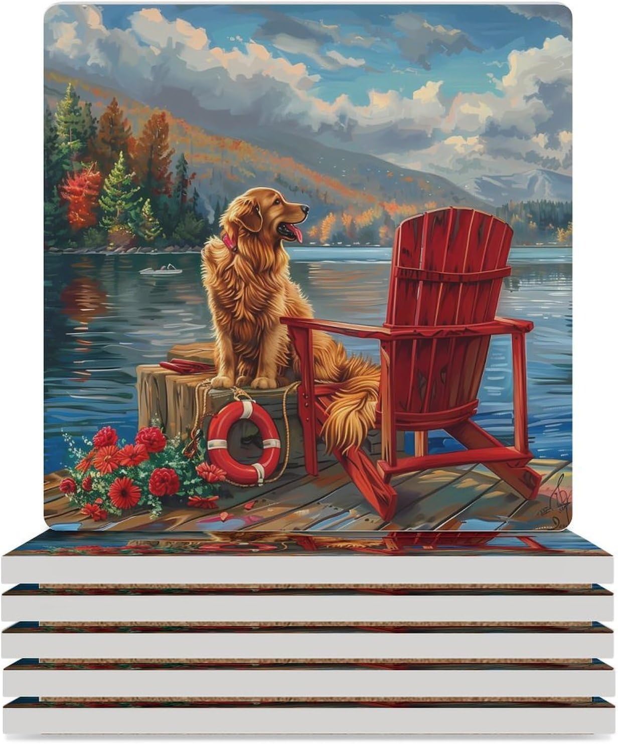 Retriever Dog Lake Coaster for Drinks Square Ceramic Table Coasters Stone Mat Crafts 6PCS Home Kitchen Decor