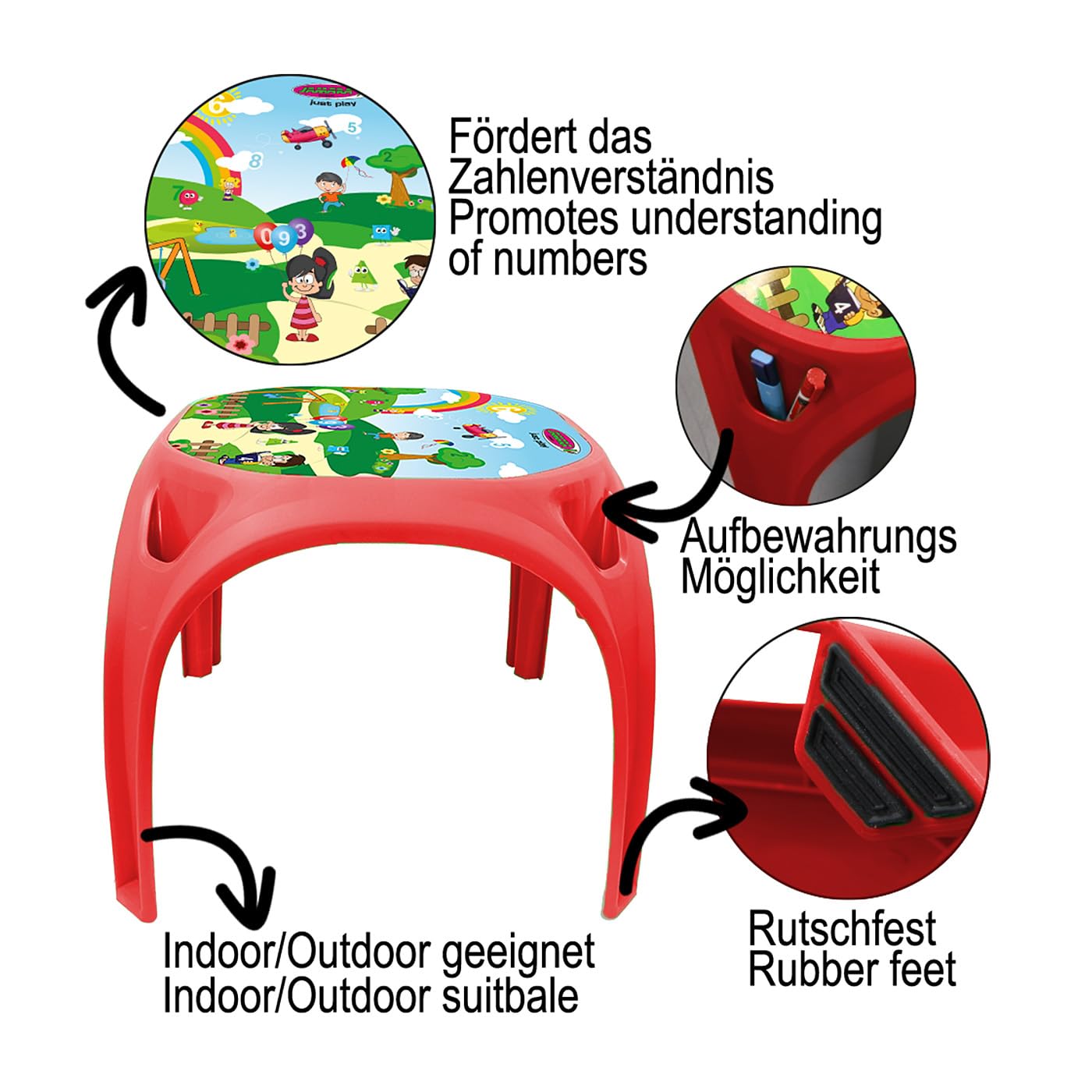 JAMARA 460751 Kindertisch Zahlenspass XL-aus robustem Kunststoff, Indoor-Outdoor geeignet, Aufdruck auf der Tischplatte, abgerundete Kanten, rutschfeste Gummifüße, rot