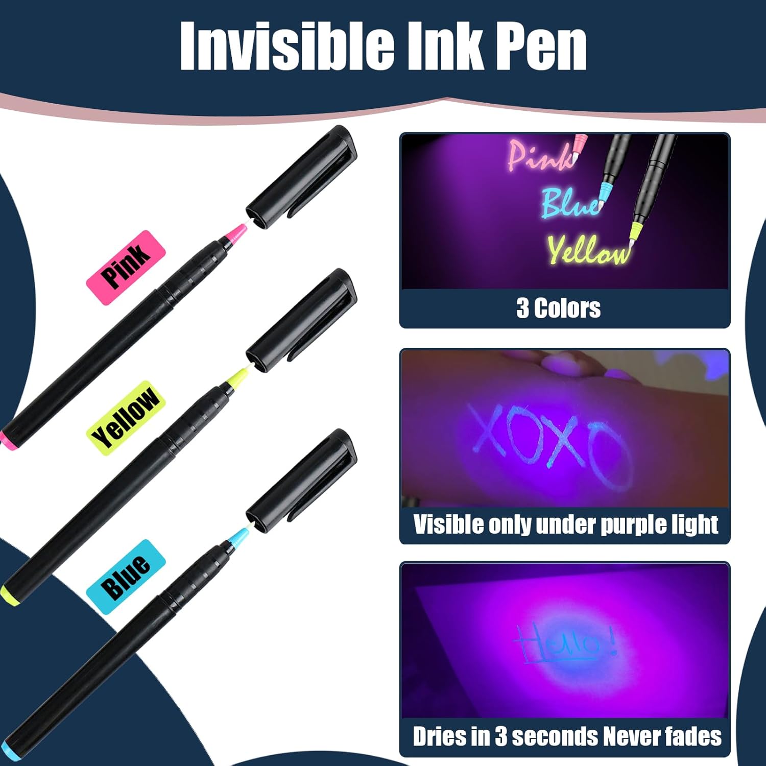Invisible Ink Pens with UV Light, Magic Spy Pens with Mini UV LED Keychain Flashlights for Secret Messages, Disappearing Ink Pens with Black Light for Kids, Ideal for Parties and Gifts (9PCS)