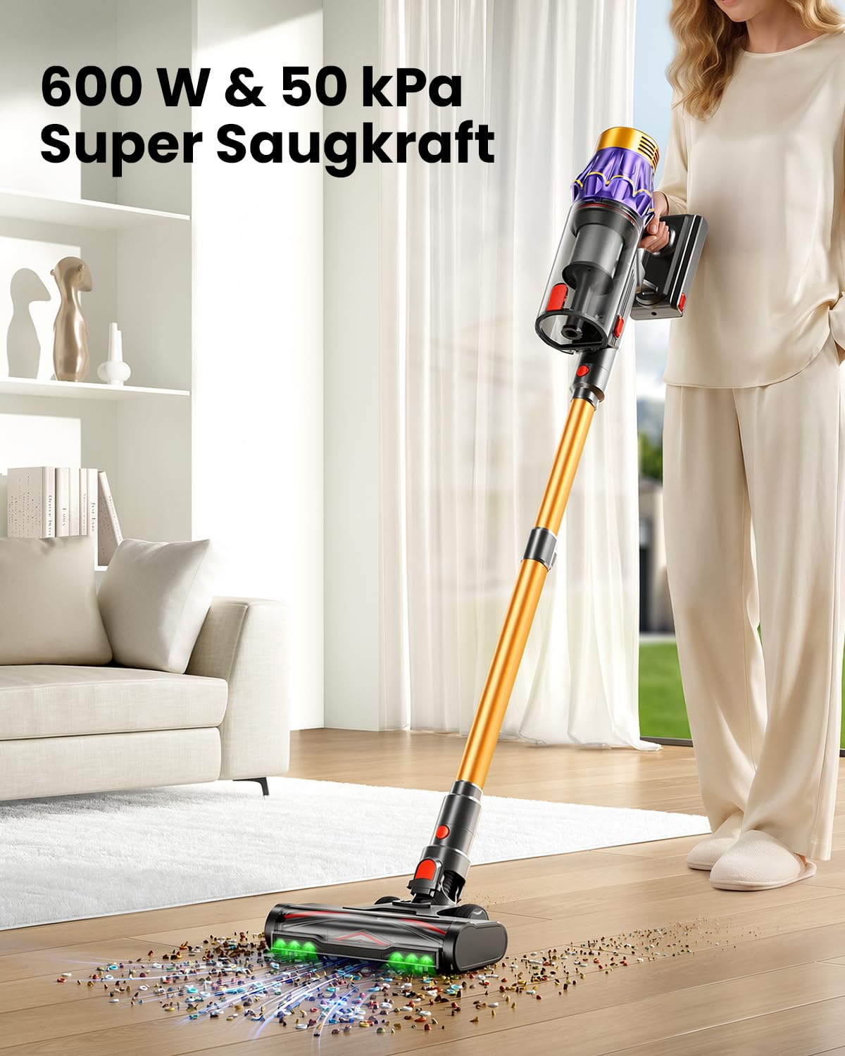 Akku Staubsauger, 50KPa/600W/70Min Staubsauger Kabellos mit Selbststehend, 1,8 L, Anti-Tangle-Bürste, 8-Schicht-Filtration, LED Display, akkustaubsauger für Tierhaare/Hartböden/Teppich (Goldfarben)