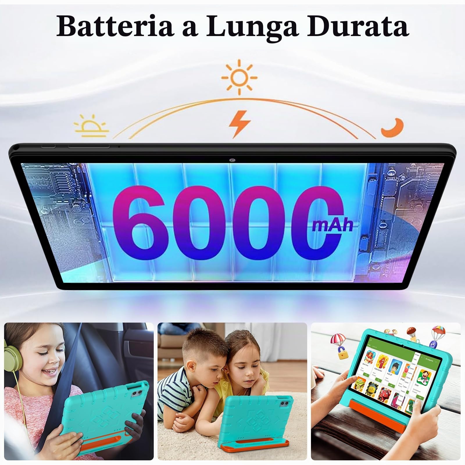ZIOVO Tablet Bambini 10 Pollici Tablets Android 15, 30GB RAM+64GB ROM(TF 2TB), 5G WiFi Tablets,Gemini AI/Octa-Core/Widevine L1/Face ID/Parentale Controllo/6000 mAh/BT 5.0, Tablet con Eva Caso- Verde