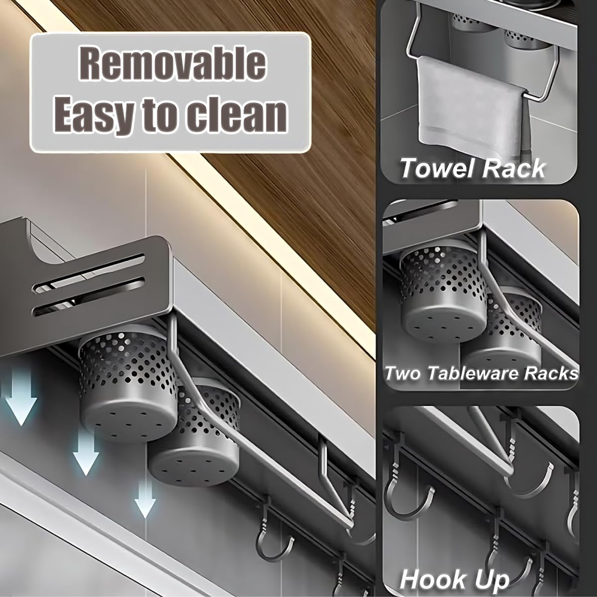 Hovoto Spice Rack Wall Mounted, Shelf Hanging Kitchen, Utensil Rack, Kitchen Shelf Organiser, Cutlery Holder Organiser - Image 3
