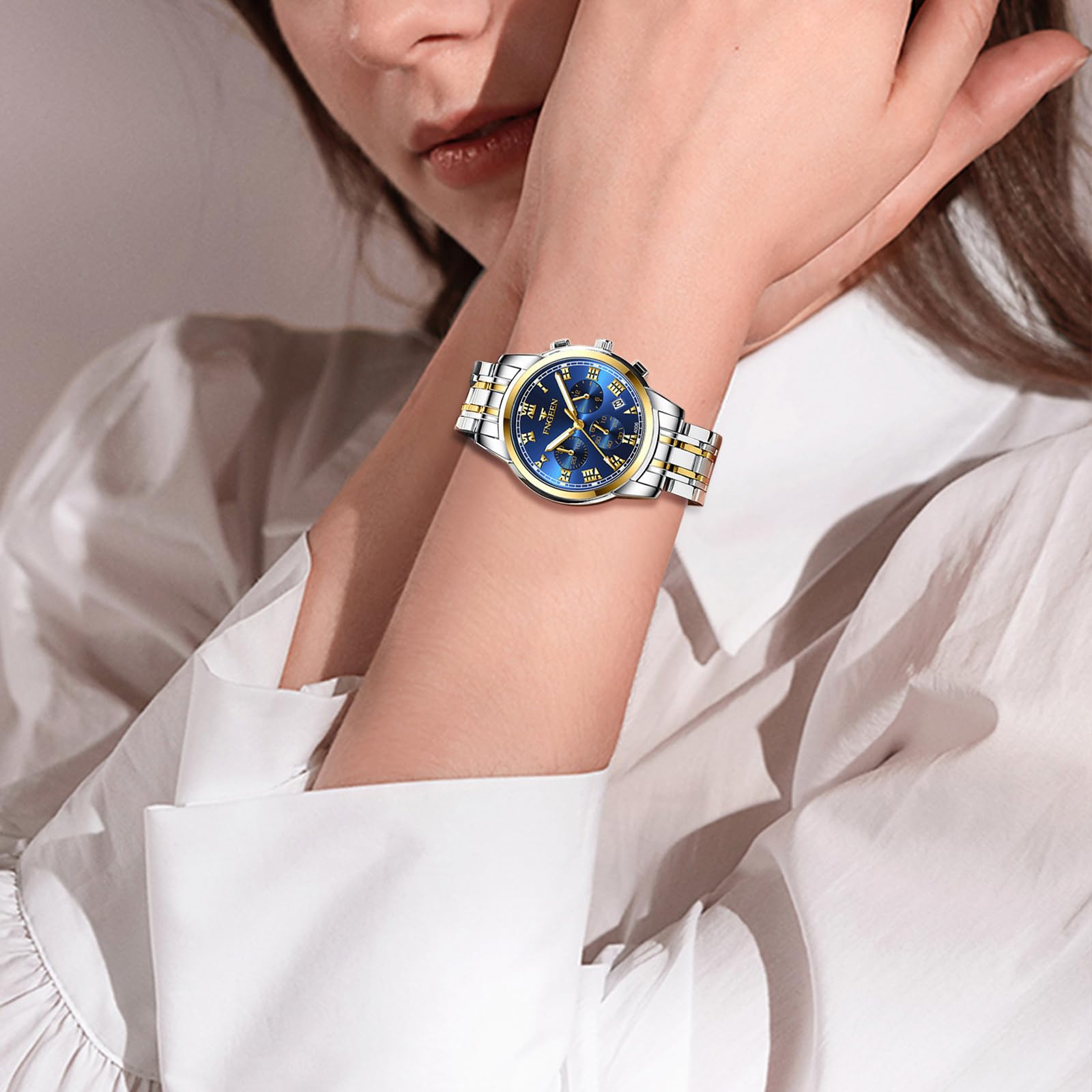 JewelryWe Reloj de vestir de acero inoxidable: reloj de pulsera para hombre y mujer, tono dorado y plateado, luminoso, analógico, de cuarzo, resistente al agua, reloj de pulsera a juego para parejas