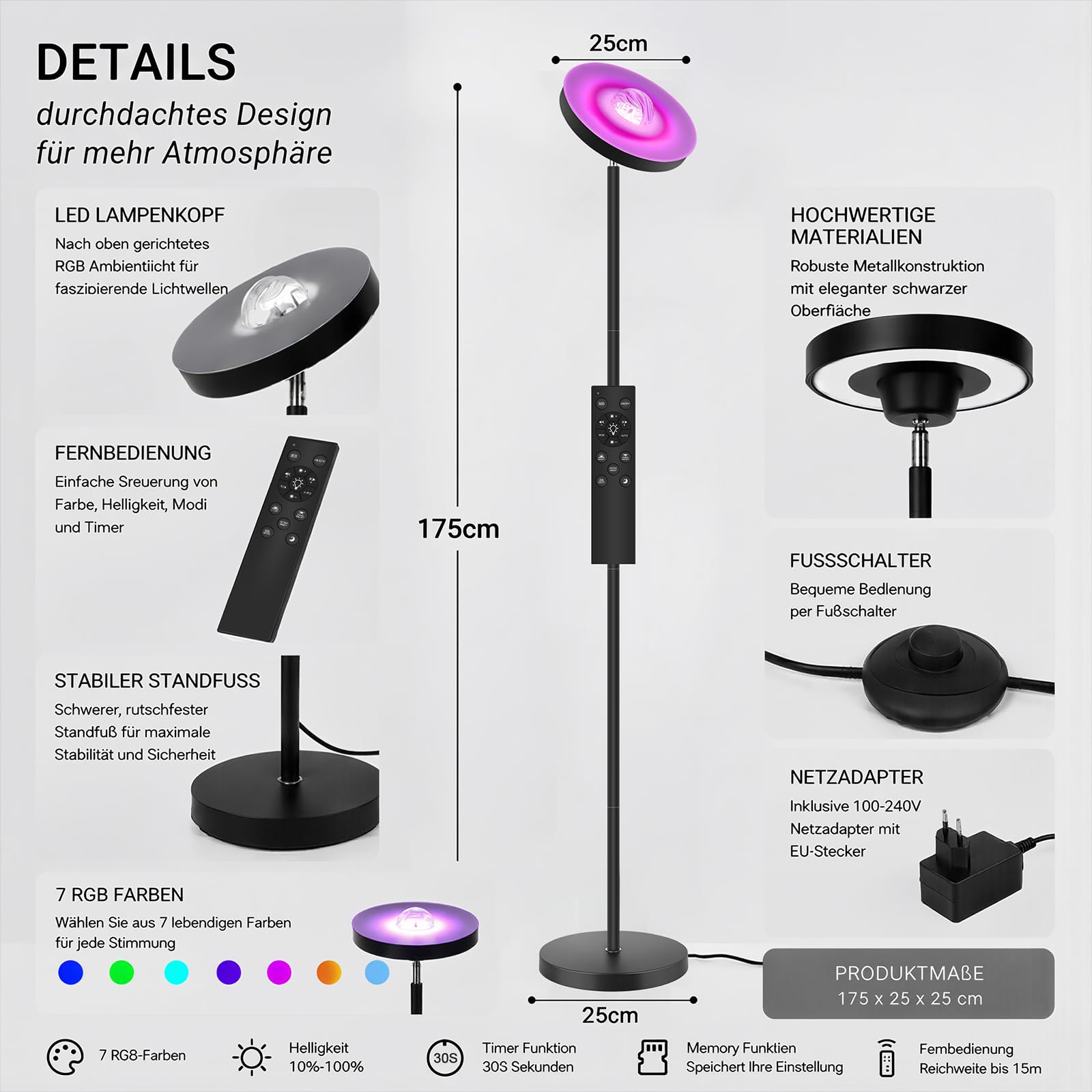 Lampada da terra LED RGB per soggiorno con telecomando, proiettore cielo stellato, lampada da terra dimmerabile con lampada da lettura e timer, bianco caldo e bianco freddo, lampada da terra nera per