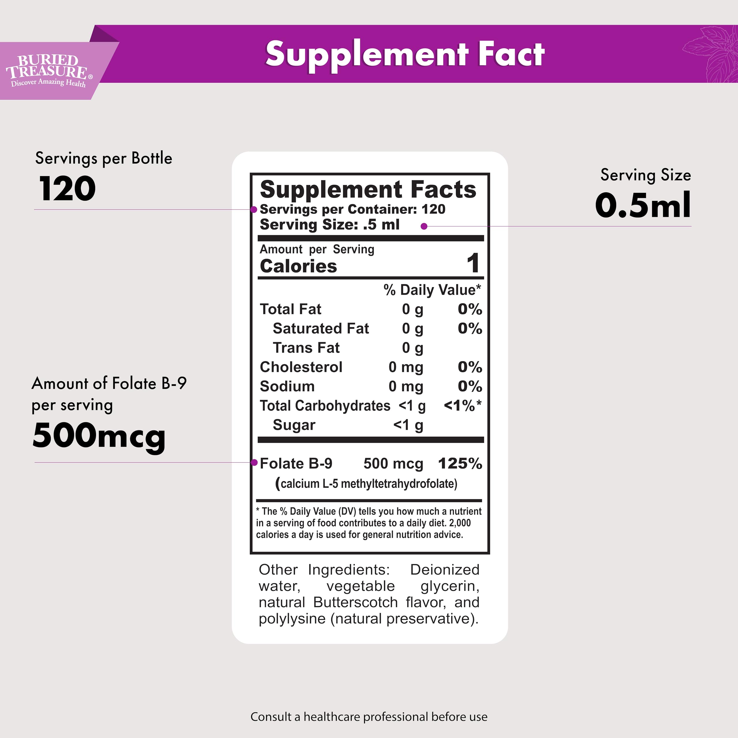 Buried Treasure Folate Drops - Methylated B-9 (Calcium L-5 Methyltetrahydrofolate), Supports Energy Production, Heart Health, and Pregnancy, 5-MTHF Supplement Vegan Safe, 120 Servings — Amazon image 6
