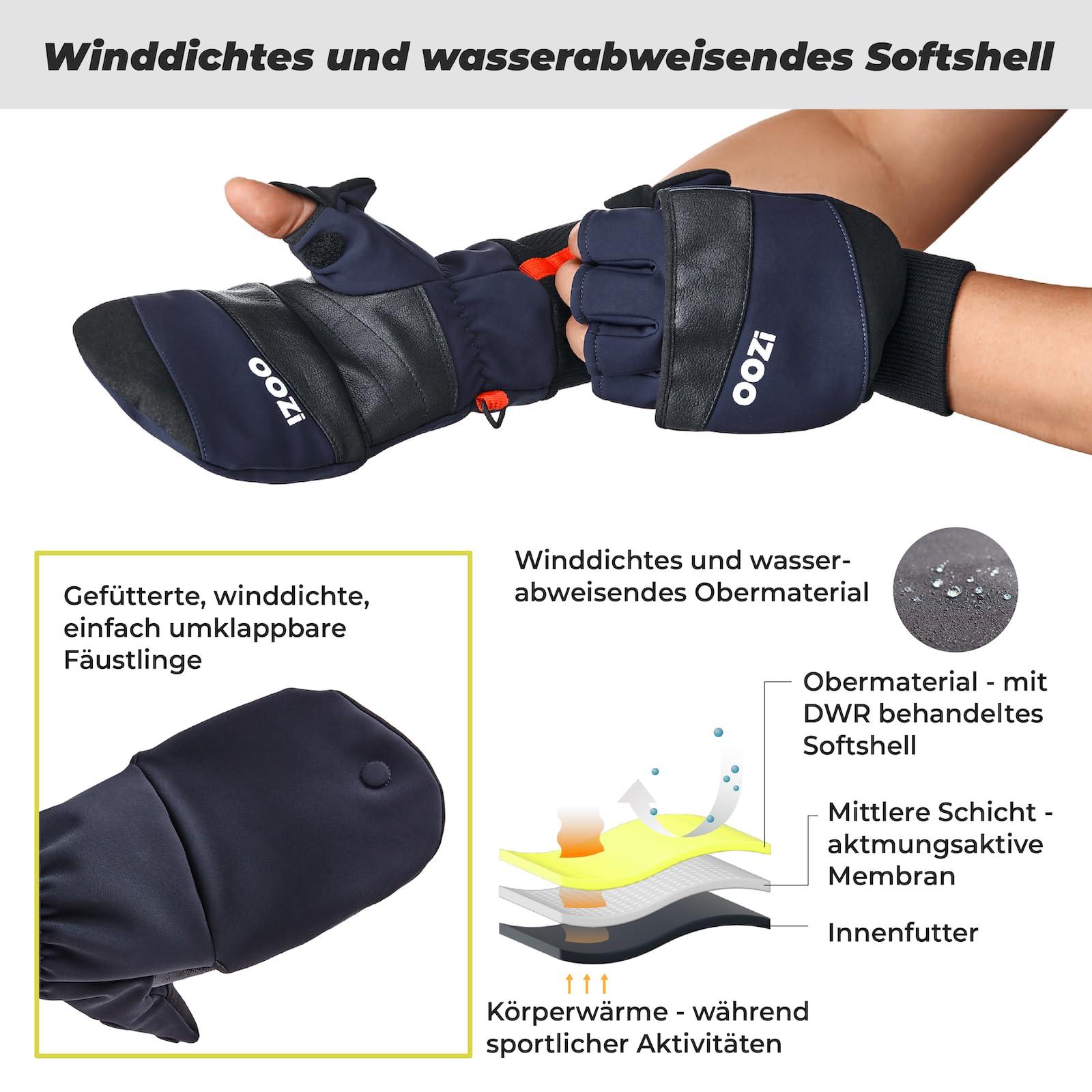 OOZi Winterhandschuhe Herren Damen – Convertible Fäustlinge mit Touchscreen-Klappkappe, Winddicht, Thermo-Fleece, Anti-Rutsch-Grip, Magnetverschluss -für Wandern Outdoor Radfahren