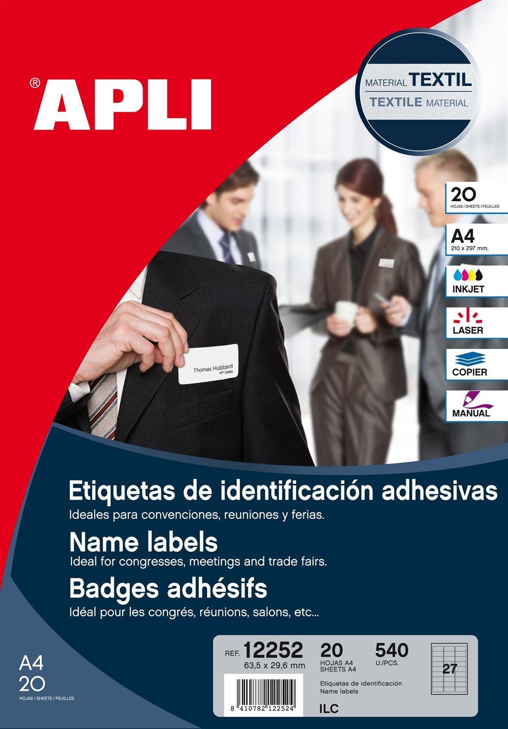 APLI 12252 - Etiquetas textiles identificadoras removibles 63,5 x 29,6 mm 20 hojas