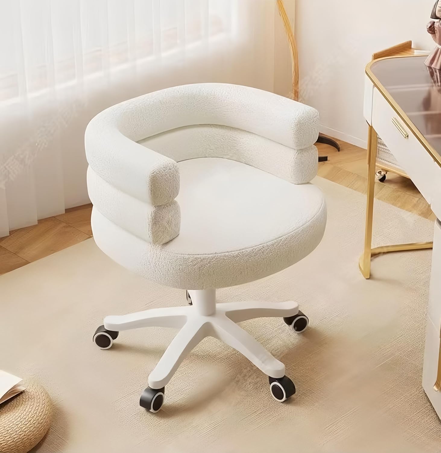 Modern Upholstered Swivel Vanity Chair White Lambswool Fabric, Office Desk Chair with Curved Back 360° Wheels, Adjustable Height (White)