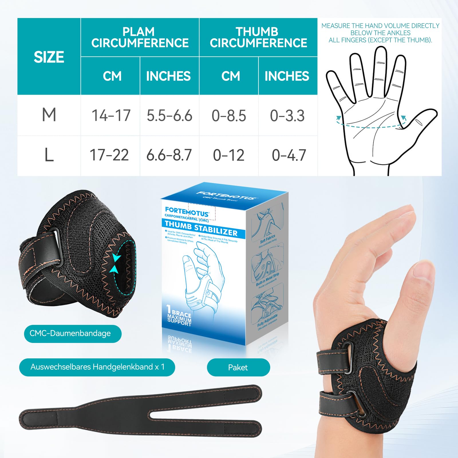 FORTEMOTUS Daumenorthese mit CMC Schiene, Atmungsaktive Stoff Daumensattelgelenk Bandage zur Schmerzlinderung bei Rhizarthrose, Arthrose, Daumenbasis und Gelenkinstabilität, Linke Hand, Größe L