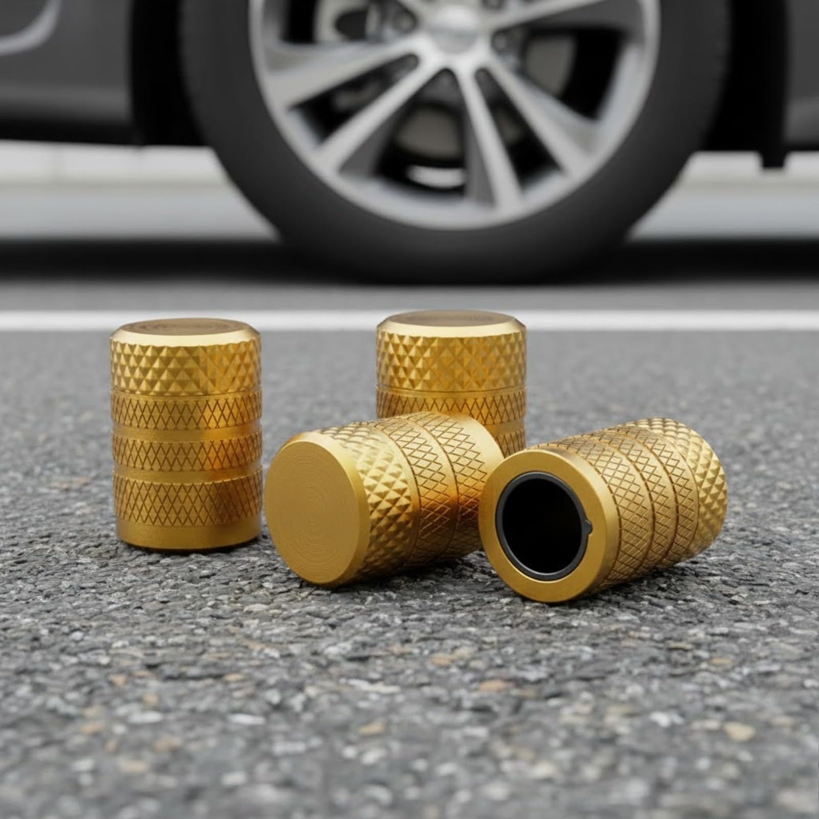4 Pcs Valve Stem Caps, Aluminum Alloy Tire Valve Cap Set with Built-in Plastic Protection, Stem Covers for Cars Trucks Motorcycles SUVs and Bikes (Gold)
