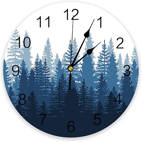 Reloj de pared con árbol del bosque, funciona con pilas, reloj de pared silencioso de PVC sin tictac de 12 pulgadas, paisaje forestal brumoso, reloj