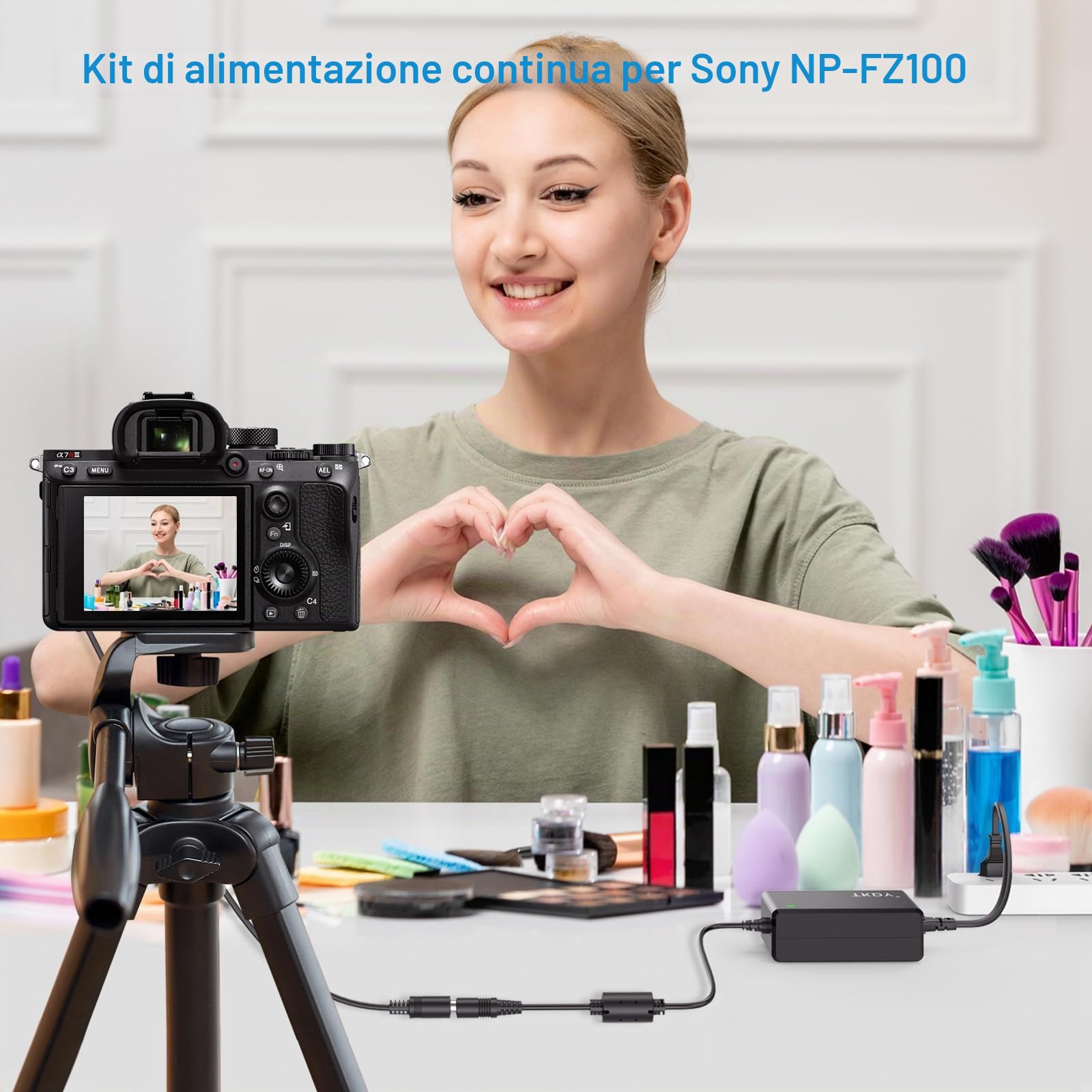 NP-FZ100 - Adattatore di alimentazione a batteria fittizio per Sony FX3/A7S III/A7 IV/A7R V/A1/A9 II/FX30/A6700/ZV-E1/ZV-E10 II - Alimentatore di rete continua per studio live streaming e scatti a