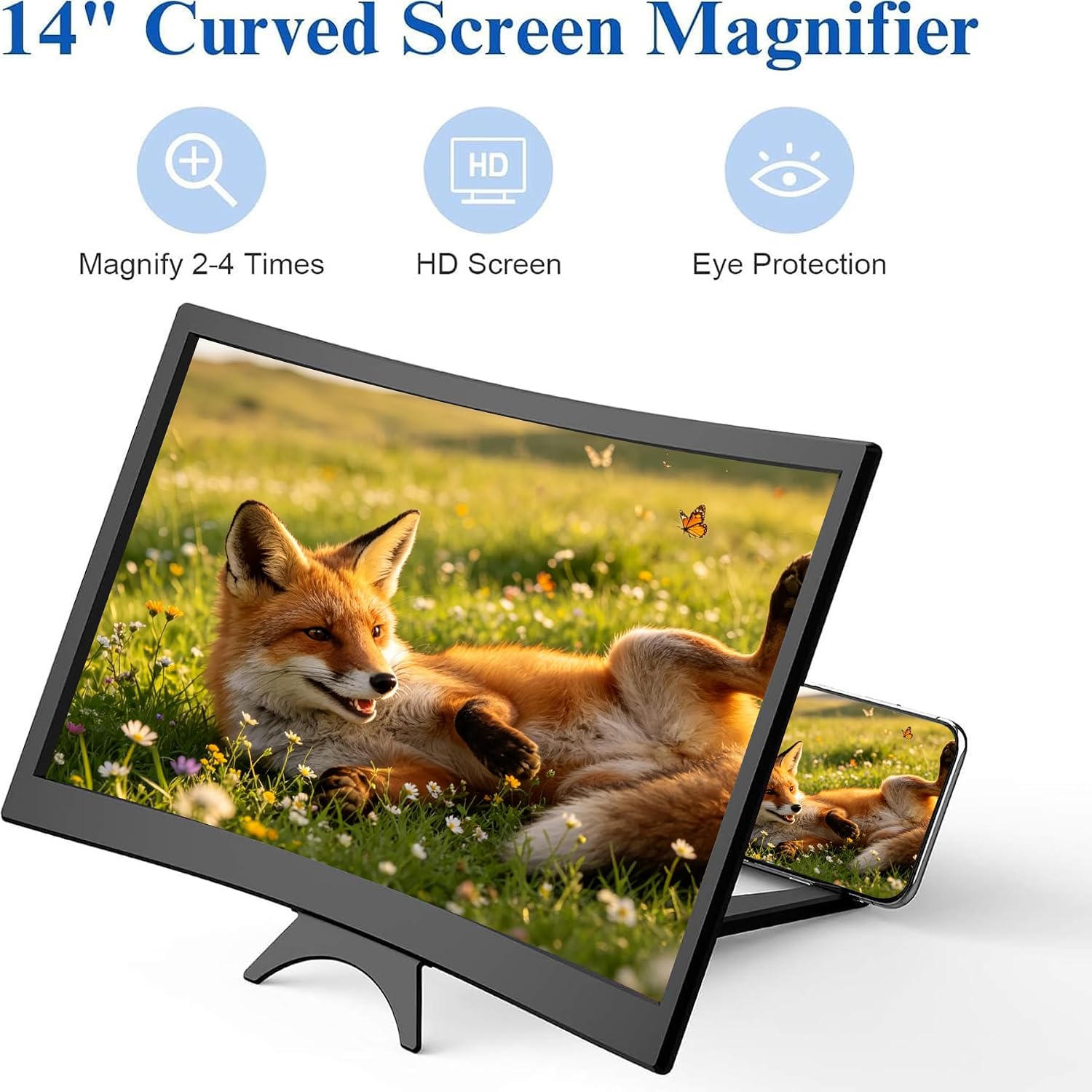 14" Curved Screen Magnifier for Cell Phone,3D HD Magnifying Projector Screen Enlarger for Movies, Video, and Gaming, Foldable Phone Stand Holder with Screen Amplifier,Compatible with All Smartphones