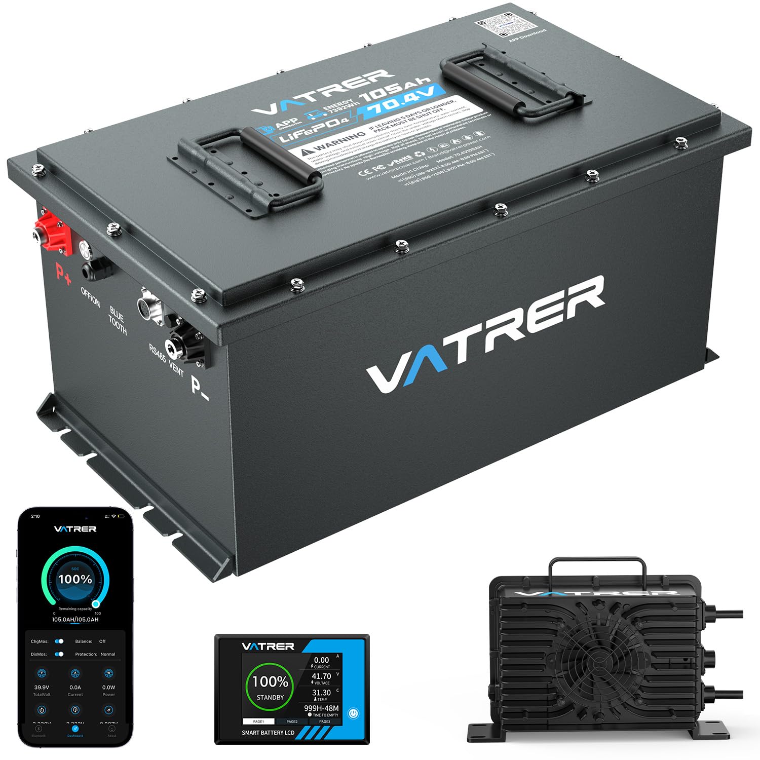 VATRER POWER Batería LiFePO4 72V 105Ah Carrito Golf, Pantalla Táctil | App Bluetooth · BMS inteligente de 200 A · Compatible con Club Car, EZGO, Yamaha, Garia, Melex e Italcar