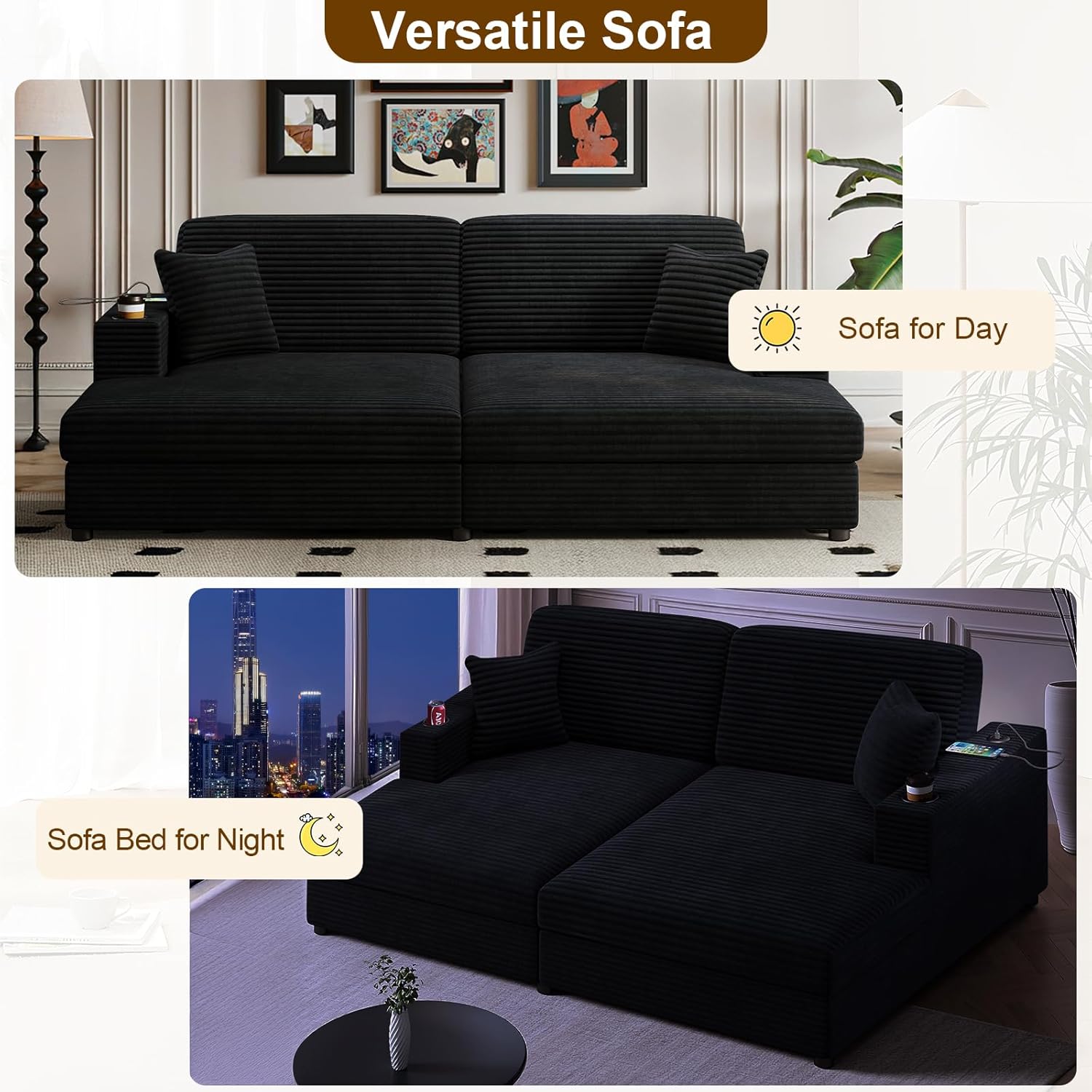 86.5" Oversized Corduroy Sleeper Sofa Bed - Loveseat Chaise Lounge Sectional with USB Ports, Cup Holders, and Throw Pillows for Living Room and Bedroom (Black)