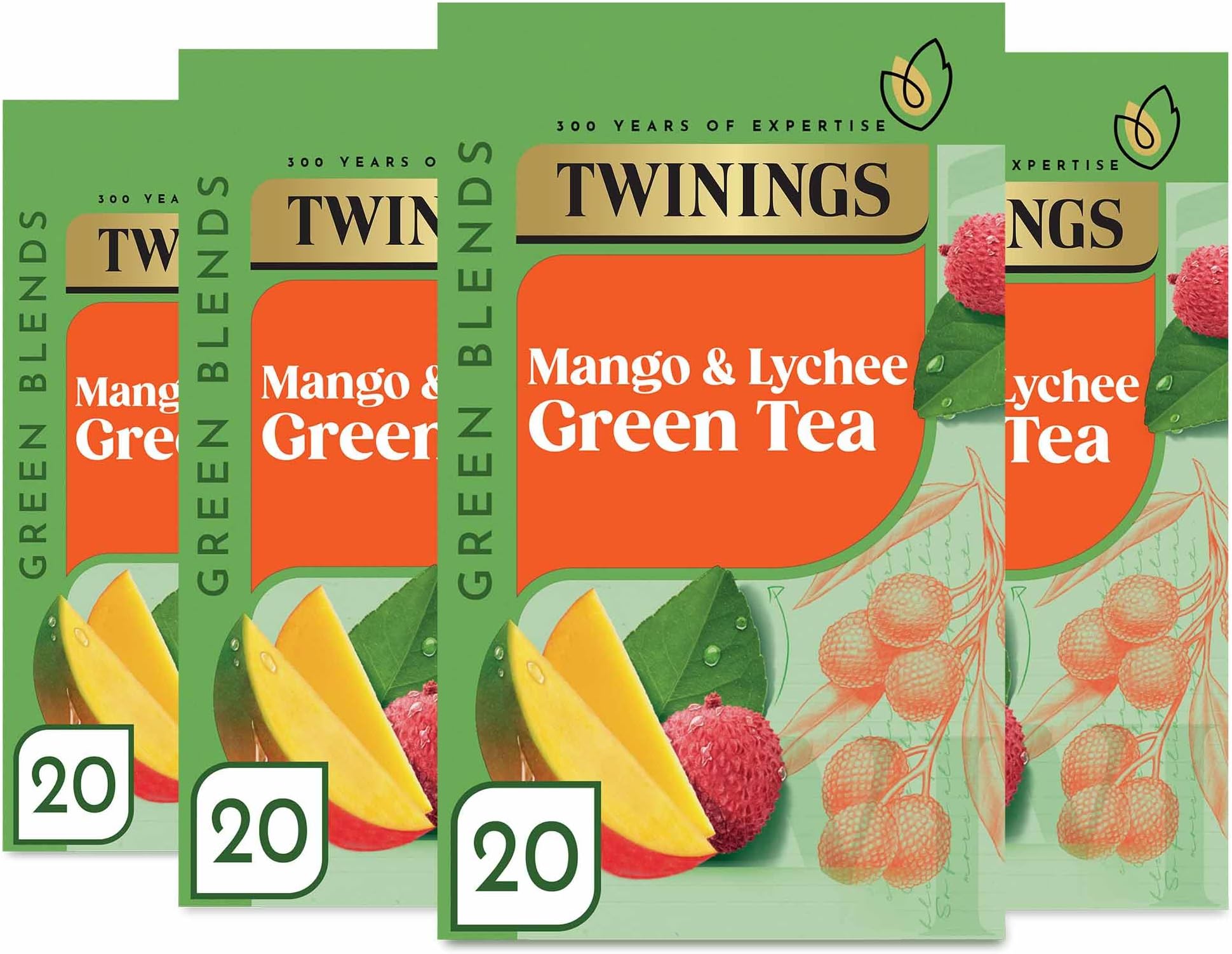 Mango and Lychee Green Tea, 80 Tea Bags (Multipack of 4 x 20 Tea Bags)