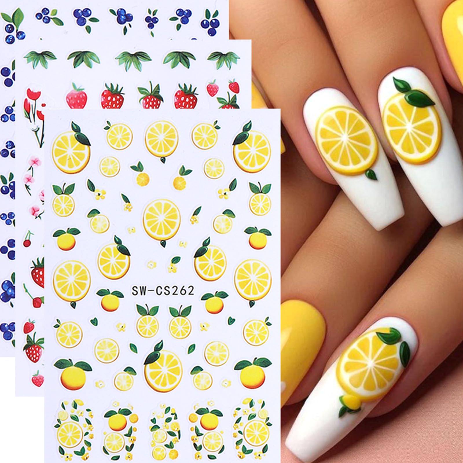 Summer Nail Art Stickers 3D Self-Adhesive Nail Decals Lemon Strawberry Blueberry Stickers for Nails Designs Cute Fruit Manicure Supplies for Women DIY
