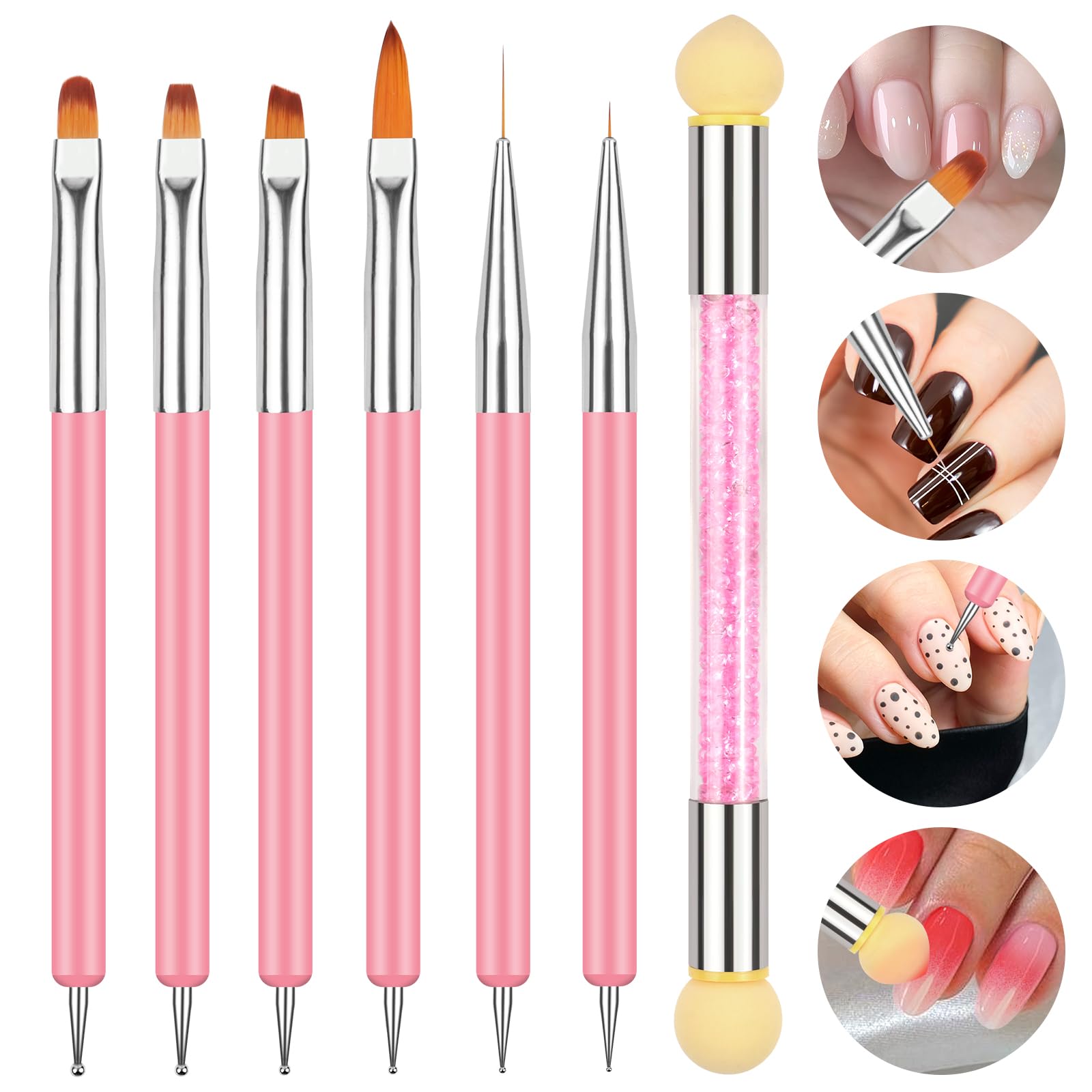 Pinceles para Uñas Double Head 6 Piezas con Cepillo Esponja, Herramienta de Manicura para Pintura y Dibujo Fino, Negro