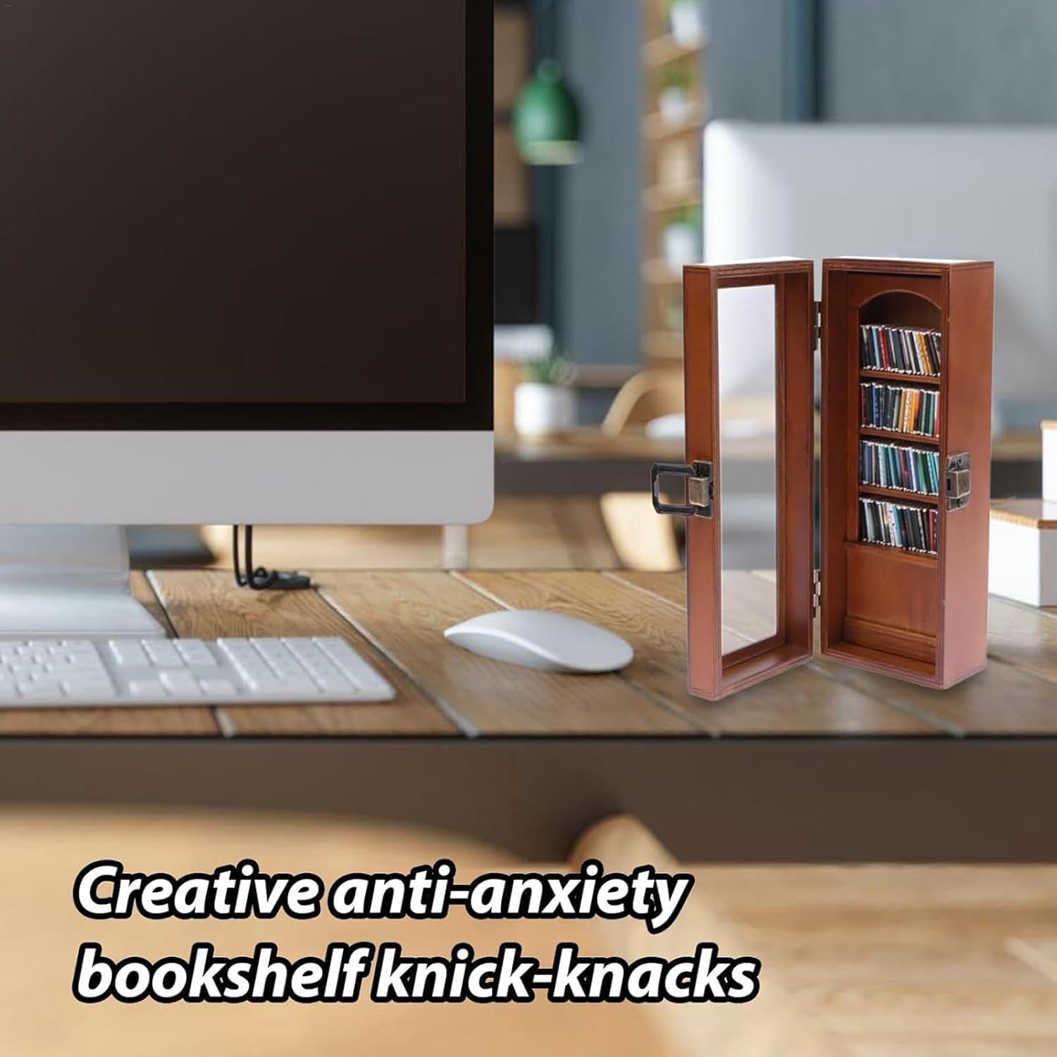Wooden Tiny Book Library, Miniature Pocket Anxiety Bookshelf, Stress Reliever Bookshelf Toy with 80 Miniature Book Models, Well-Designed and Detailed, Indoor Decoration