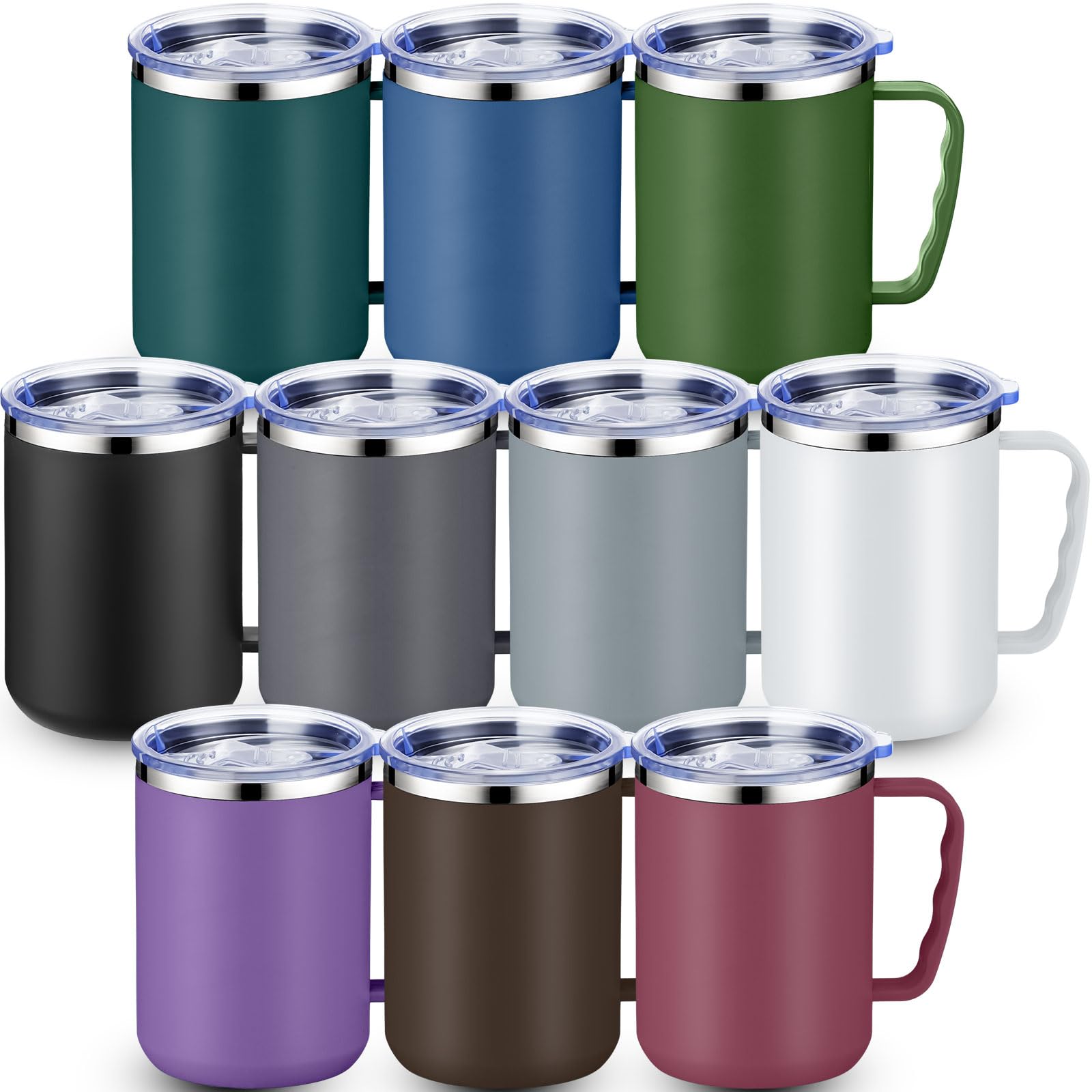 Roshtia 10 tazas de café de viaje reutilizables al vacío con tapa y asa, taza de café aislada de 17 onzas, taza aislada de doble pared de acero inoxidable para hombres, mujeres, hogar, oficina,