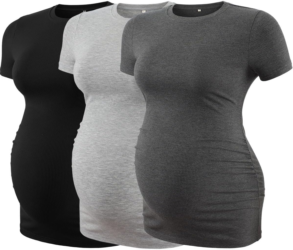 Liu & Qu Womens Maternity Shirts Ribbed Short Sleeve Maternity Tops Casual Crew Neck Side Ruched Pregnancy Clothes 3 Pack