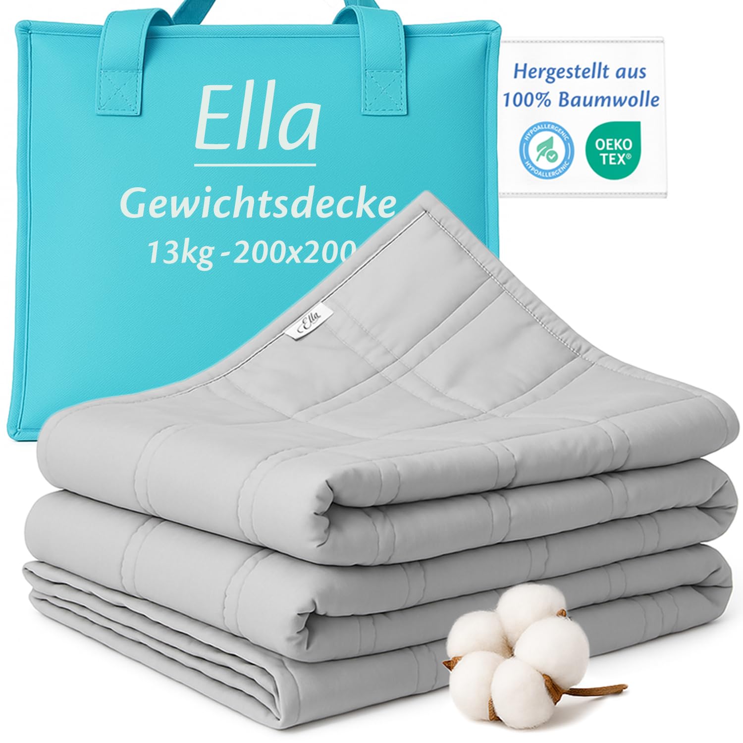 Ella Gewichtsdecke 200x200 13kg - Anti Stress Therapiedecke - Schwere Decke aus 100% Baumwolle - Bettdecke für tiefen Schlaf & bessere Erholung, Weighted Blanket Für Männer, Frauen von 75-110kg, Grau