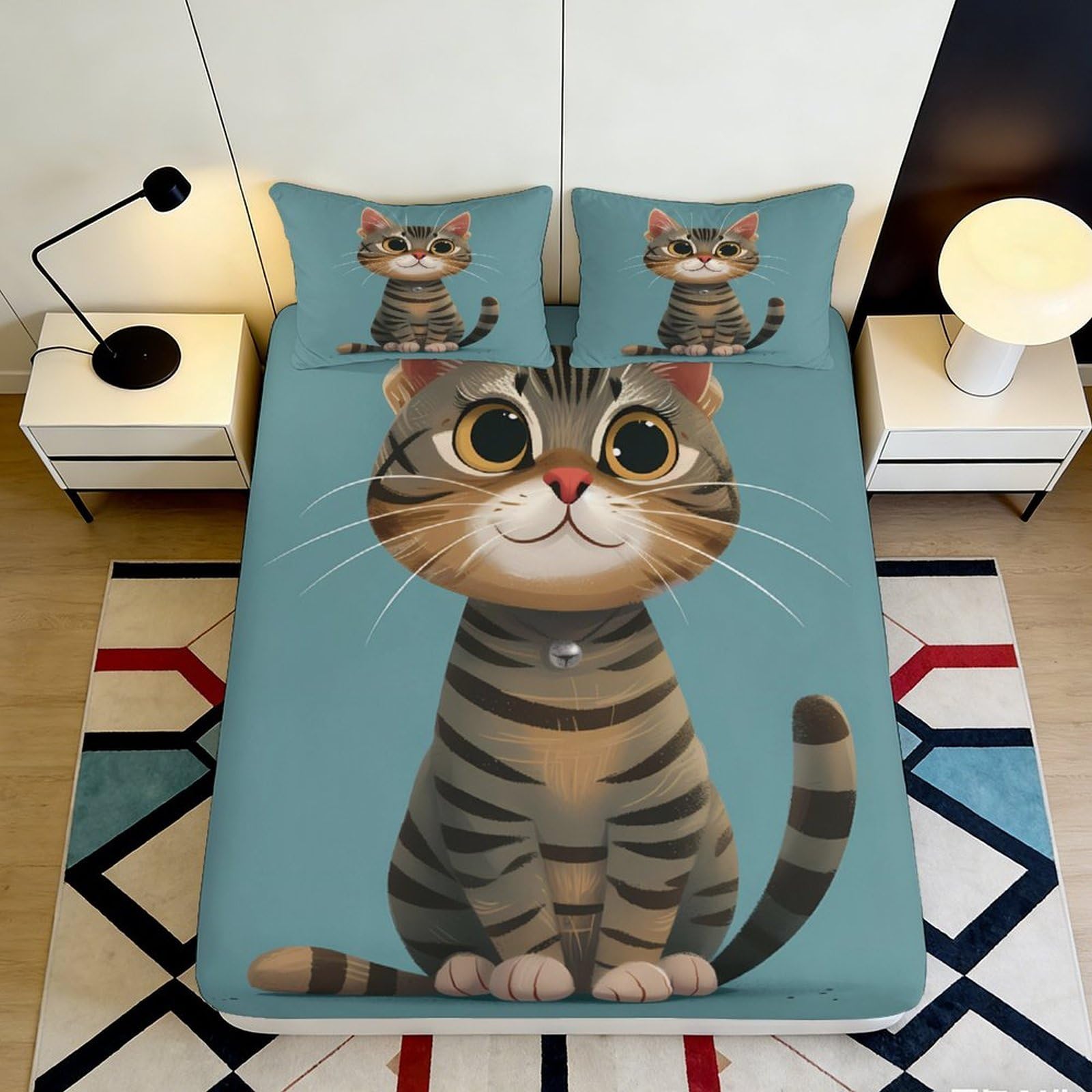 3D Printed Cute Tabby Cat Fitted Sheet Microfiber Soft Breathable Cartoon Kitten Bed Sheet for Bedroom Guest Room Decor 90x200x25cm