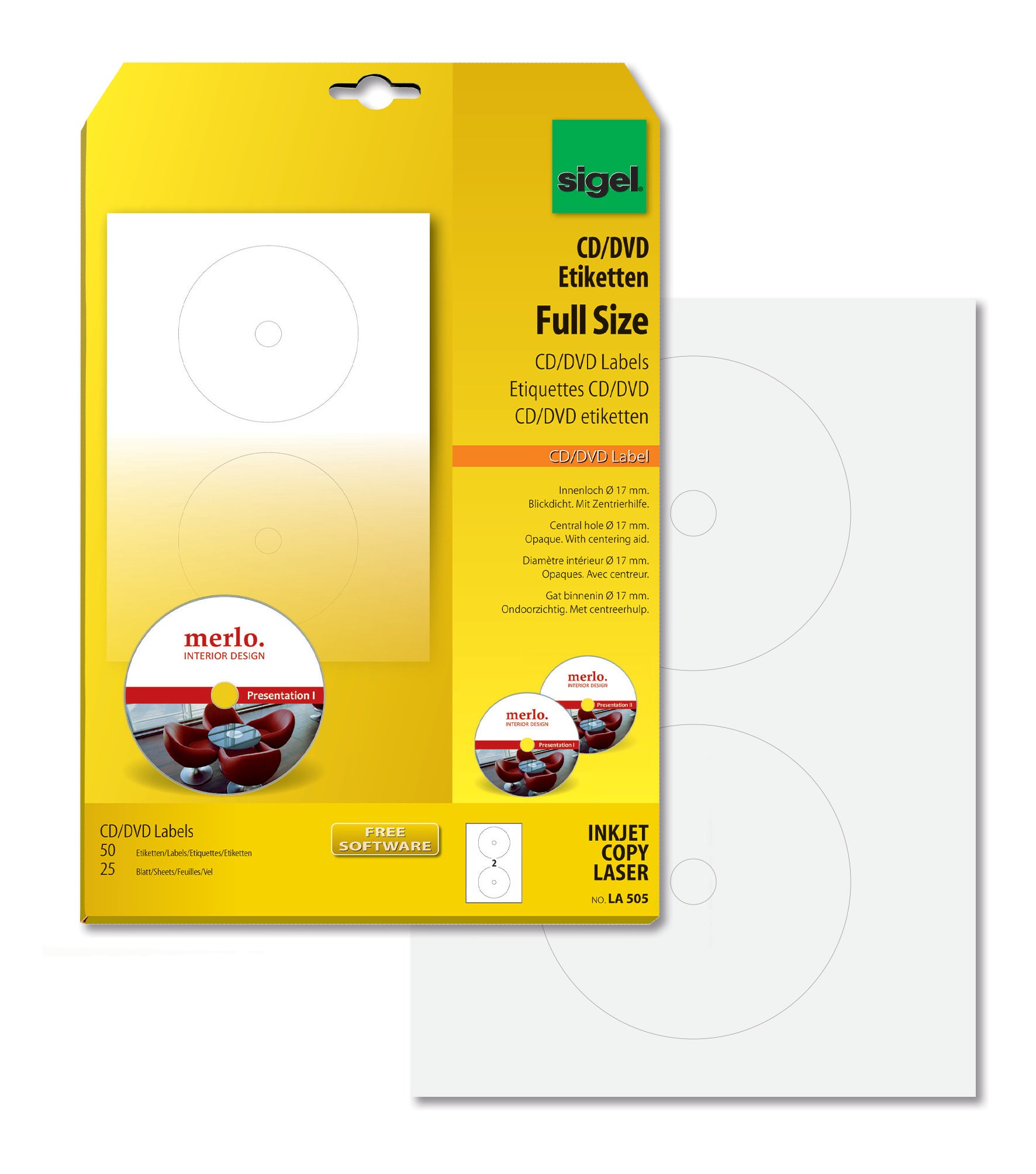 SIGEL LA505 CD-/DVD-Etiketten weiß, blickdicht, 50 Etiketten = 25 Blatt, mit Zentrierhilfe, FullSize 17 mm Innenloch