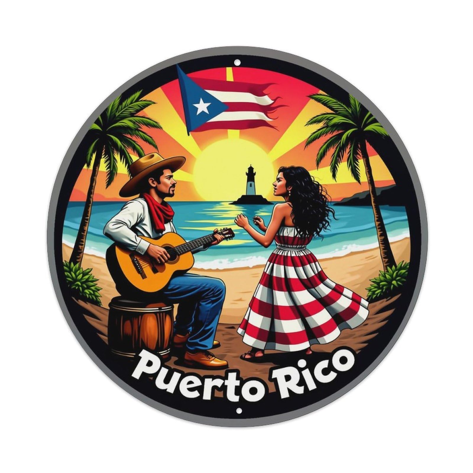 Jdyaojiesheng Vintage Puerto Rico Sunset Beach Music Flag Round Tin Sign Retro Metal Wall Decor Metal Poster, Home Bar Garage Farmhouse Cafe Wall Art Decoration 8X8inch