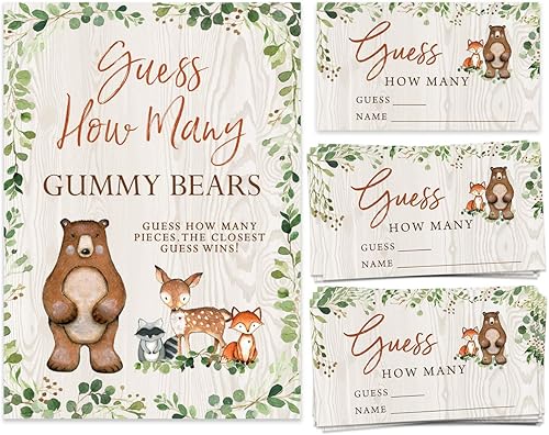 Juego de adivinanzas de caramelos de oso gomoso, 50 tarjetas y cartel a juego, tema de animales del bosque del bosque, idea de fiesta de cumpleaños,