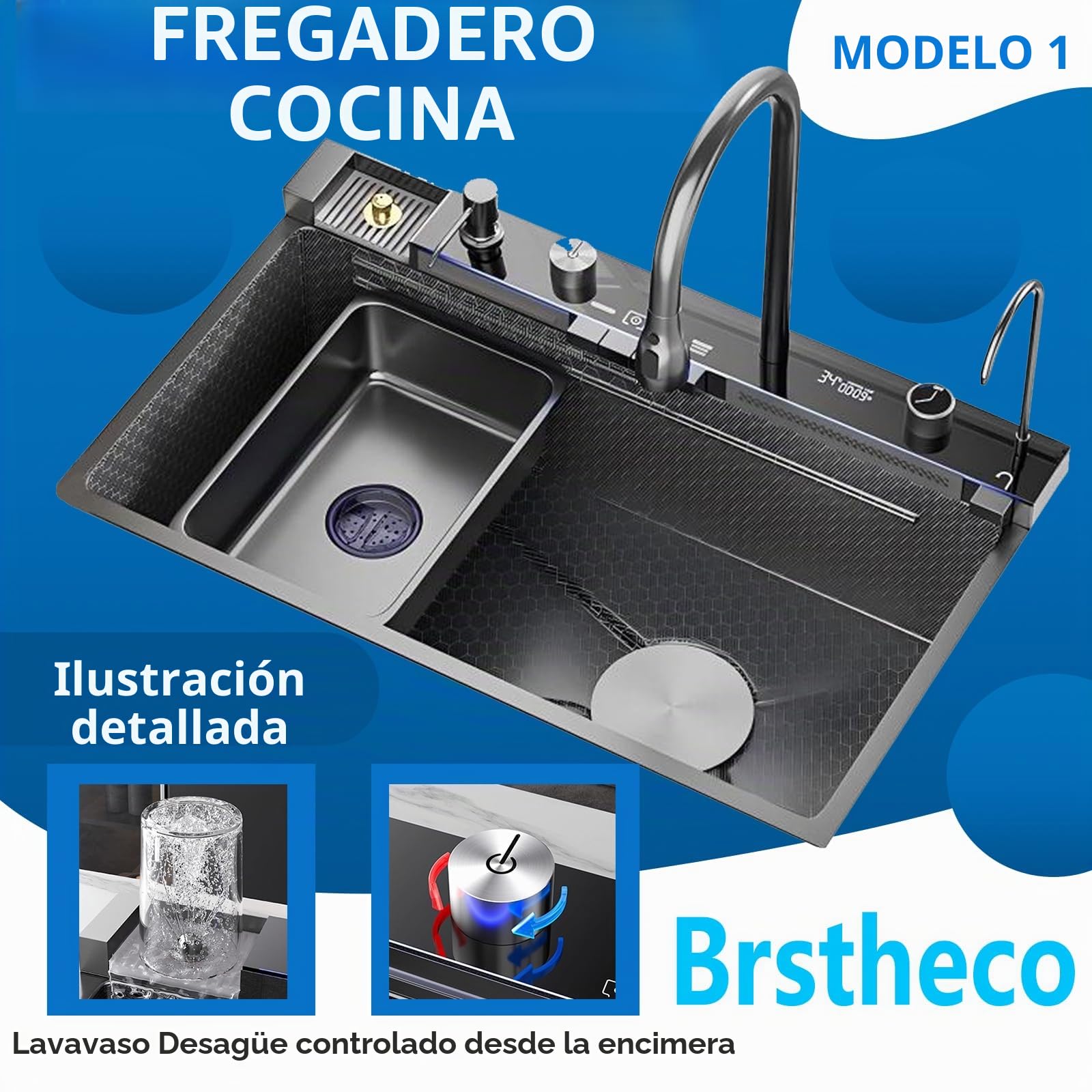 Fregadero Cocina 75 x 45cm,Fregadero Acero Inoxidable Grifo extraíble,fregadero negro Dispensador de jabón,Fregadero Bajo Encimera Pantalla de visualización (Fregadero de cocina 1)