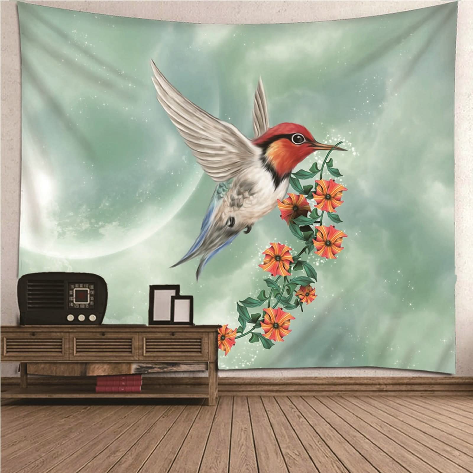 Aotiwe Dekoracja ścienna dla mężczyzn, dekoracje do sypialni ptak z kwiatami poliester zielony pomarańczowy 150 x 130 cm do wnętrz