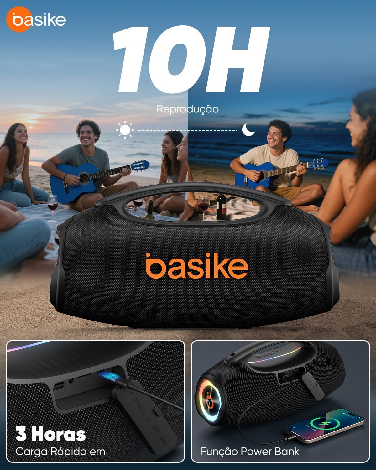 Basike Caixa de Som Bluetooth Portátil 80W RMS (Pico 120W), TWS Estéreo, Modos EQ, Luzes RGB, IPX6 Resistente à Água, Bateria 8000mAh, para Home Theater, Festa e Uso Externo – Preto Basike Caixa de Som Bluetooth Portátil 80W RMS (Pico 120W), TWS Estéreo, Modos EQ, Luzes RGB, IPX6 Resistente à Água, Bateria 8000mAh, para Home Theater, Festa e Uso Externo – Preto