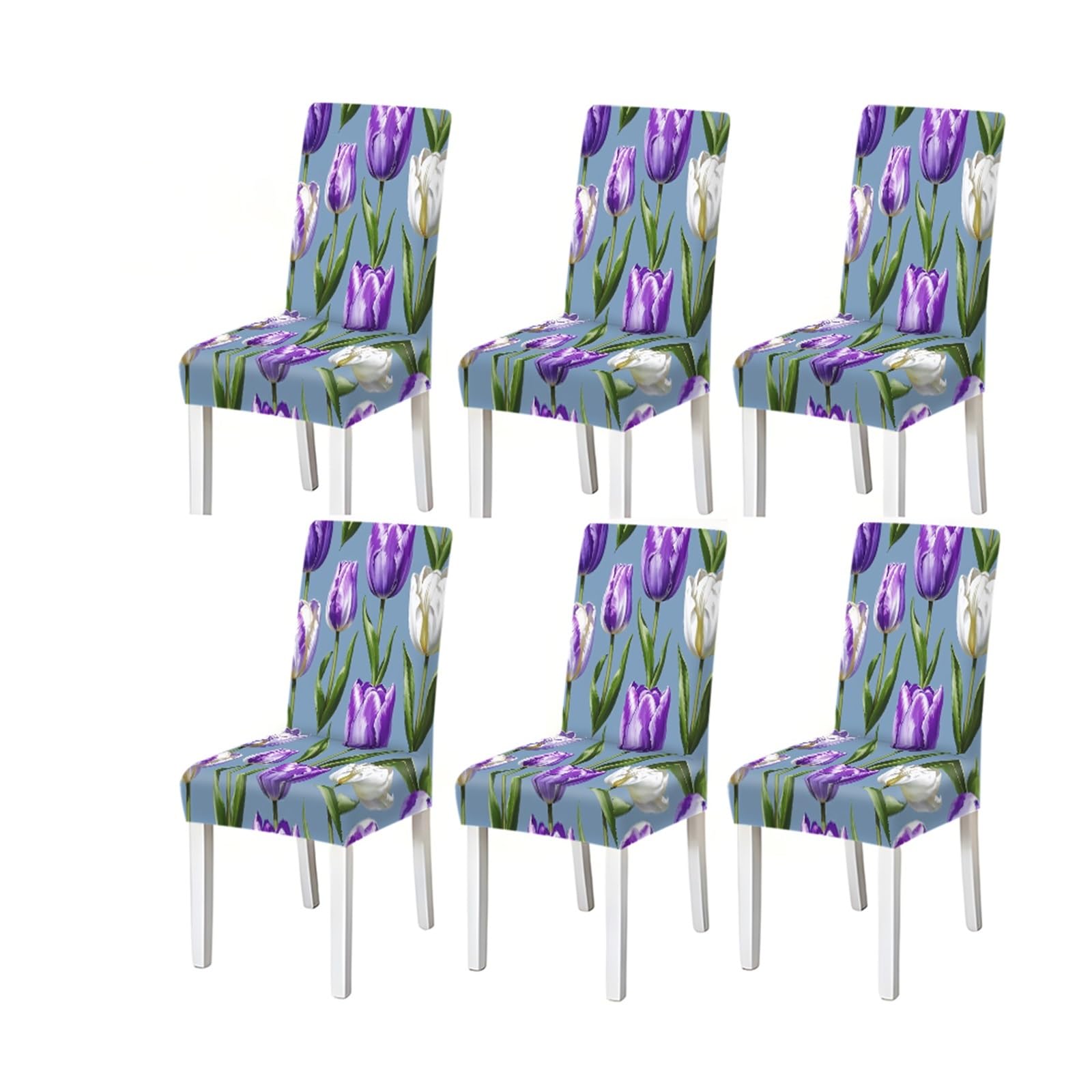 Bosuybn One Color Light Blue Purple White Tulip Print Dining Chair Covers, Stretch Slipcovers For Kitchen Dining Room Spring Party, 2/4/6Pcs Furniture Protectors For Home Dining Room(6Pcschair Cover)