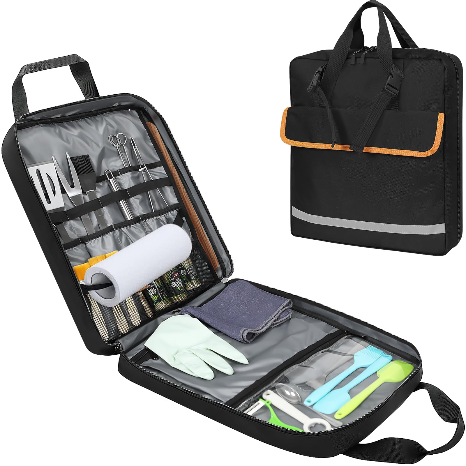 ORKELS Hanging Camp Kitchen Organizer, Camping Cooking Utensil Bag with Towel Paper Holder, Portable Cookware Bag Multi-functional for BBQ Outdoor Cooking Tools Storage for Travel & Hiking, Bag Only