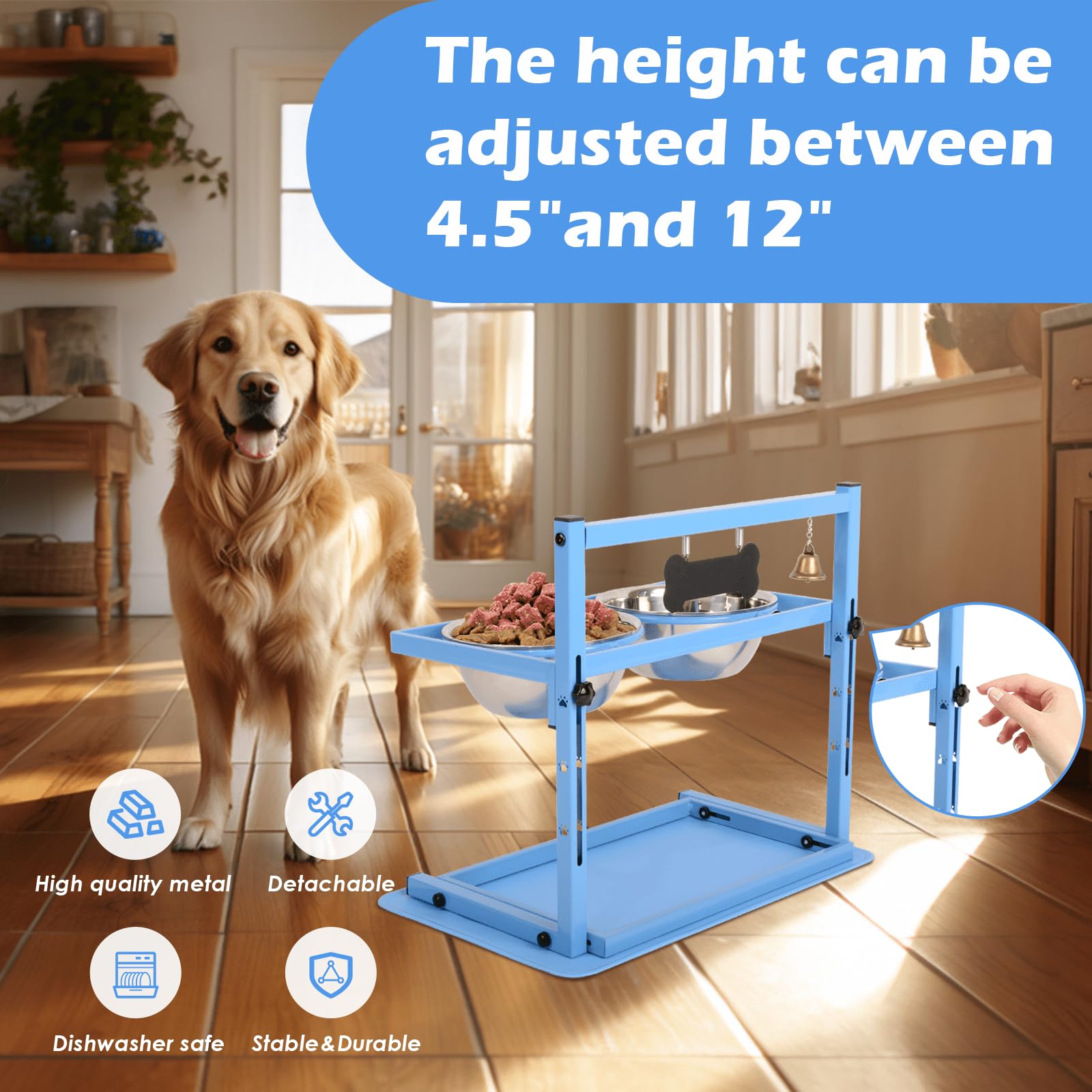 SHAINFUN Soporte Elevado Azul para Perros con Dos Cuencos de Acero Inoxidable de 1700 ml, un comedero Lento y tapete a Prueba de derrames, Cuencos elevados Ajustables para Razas Grandes, Medianas y