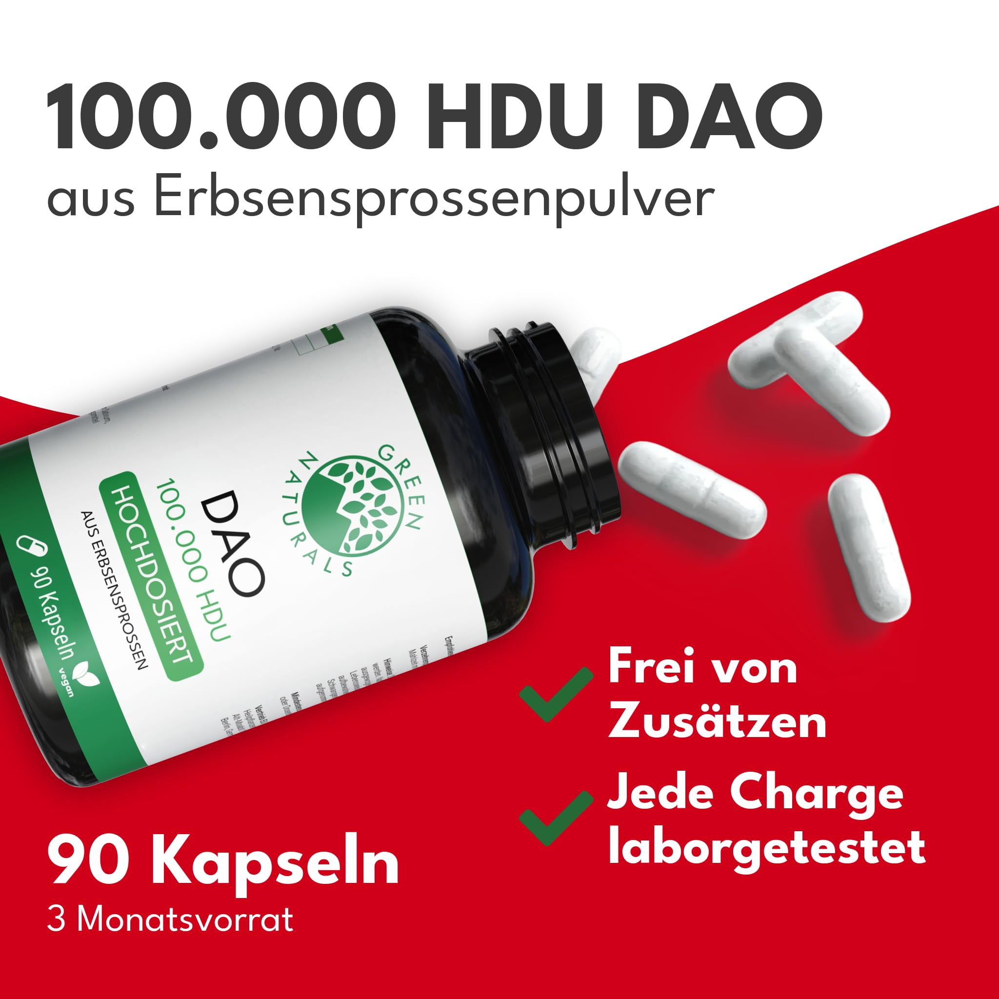 Green Naturals DAO – Hochdosiert: 300.000 HDU – 90 Kapseln | 100.000 HDU pro Kapsel · Diaminoxidase aus Erbsensprossen · 1-Monatsvorrat