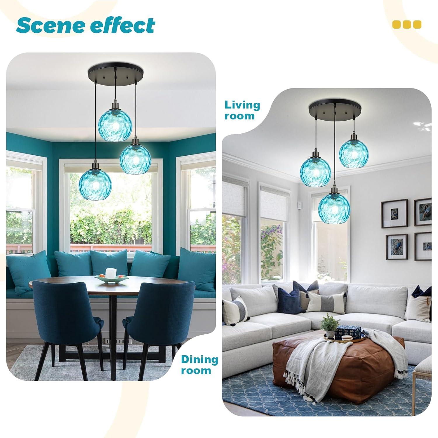 Mid-Century Modern Cluster Pendant Light, 3-Light Adjustable Chandelier with Blue Hammered Glass Globe Shades, Kitchen Island Pendant Lighting for Dining Room, Breakfast Nook, Living Room