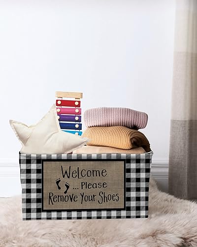 Miniatura 6 de Paquete de 2 cestas de almacenamiento grandes con texto en inglés "Welcome Please Remove Your Zapatos", caja de almacenamiento plegable, organizador