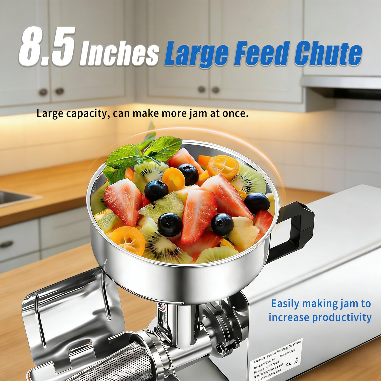 Frantoio elettrico per pomodori e marmellata, in acciaio inox da 450 W, con grande scivolo da 21,6 cm per macinare pomodoro, fragola, salsa di mirtilli