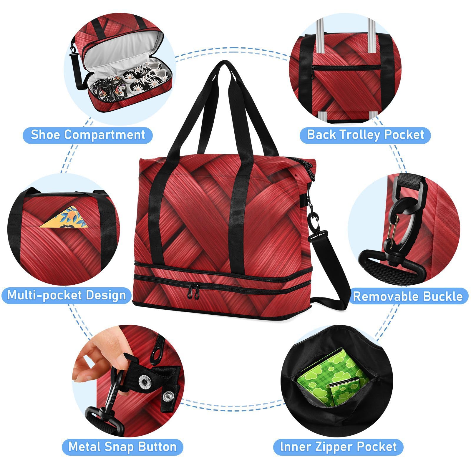 Übergroße Reisetasche aus Rattan, Ballstruktur, rotes Muster, mit Nassfach, verstellbarer Riemen, Sporttasche für Fitnessstudio, große Kapazität, für Damen und Herren