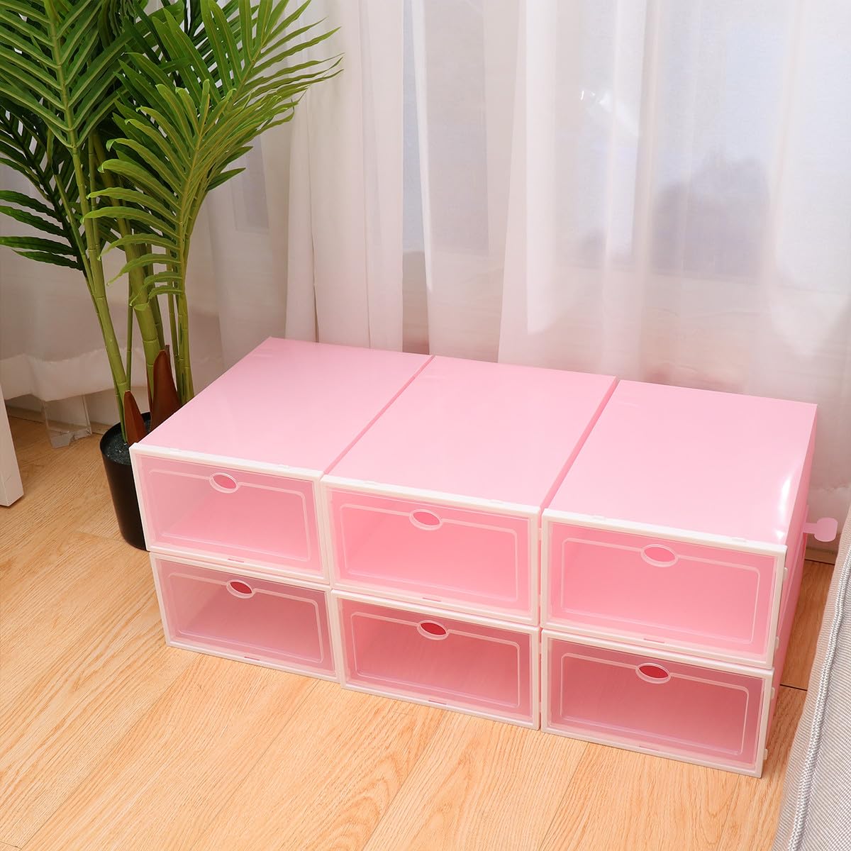 Scatole per Scarpe in Plastica Rosa Impilabili Trasparenti con Cornice Bianca, Organizer per 6 Paia di Scarpe, Design e Porta Trasparente per