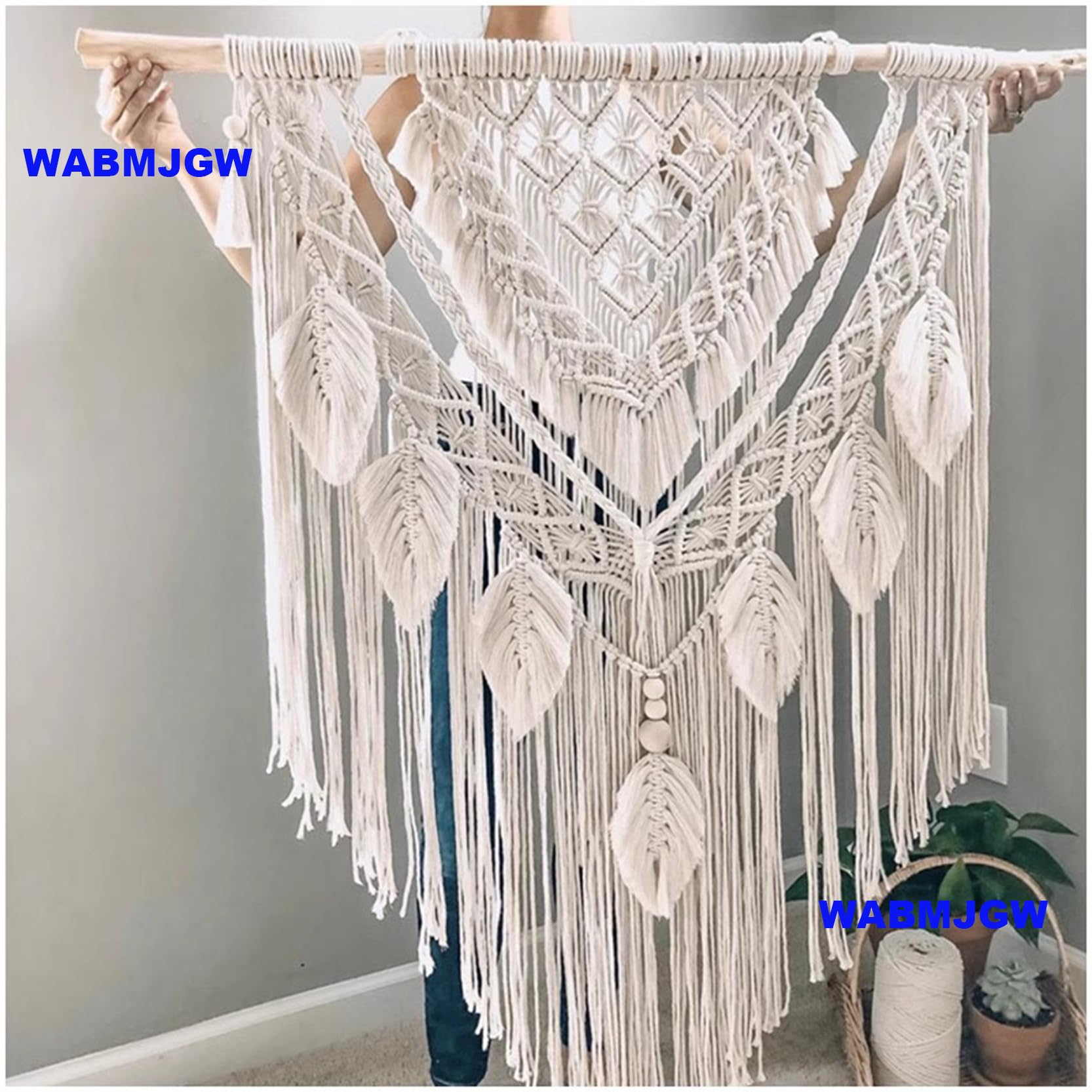 Tapiz de Pared de macramé con borlas y Hojas Tejidas, decoración de Pared Estilo Bohemio Chic, 100% Hecho a Mano, con Cuerda de algodón y Hojas y Plumas,Beige-100 x 140 cm