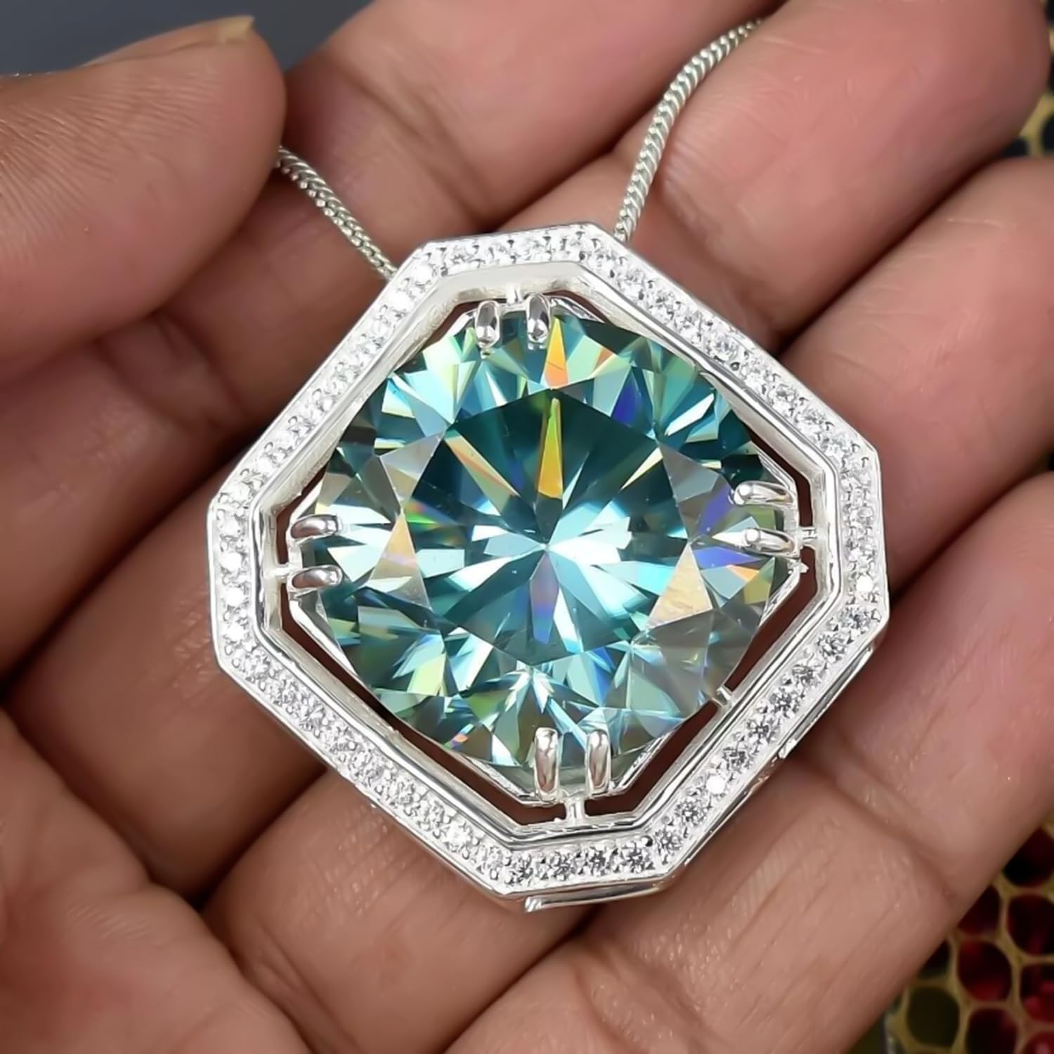 REAL-GEMS 15.60 Ct Natural Blue Diamond Solitaire Pendant Necklace 925 Sterling Silver Jewelry for Women Without Chain