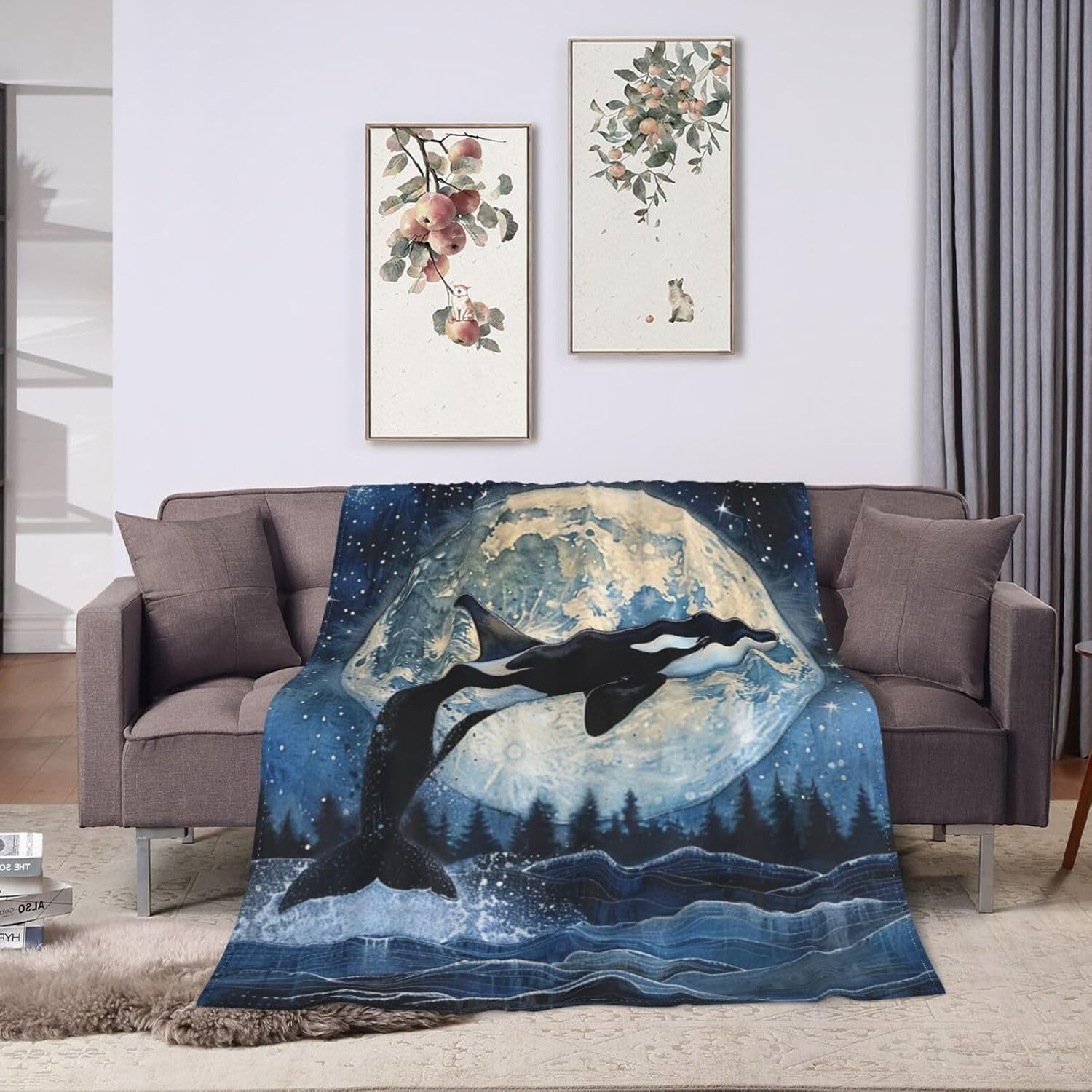 Orca Whale Blanket Killer Whale Moon Decor Throw Blankets Ultra Soft Cozy Fuzzy Plush Fleece Flannel Ocean Life Blanket Gifts for Whale Lover Girls Women Boys Men Kids for Bedding Sofa 40"X50" - Image 5