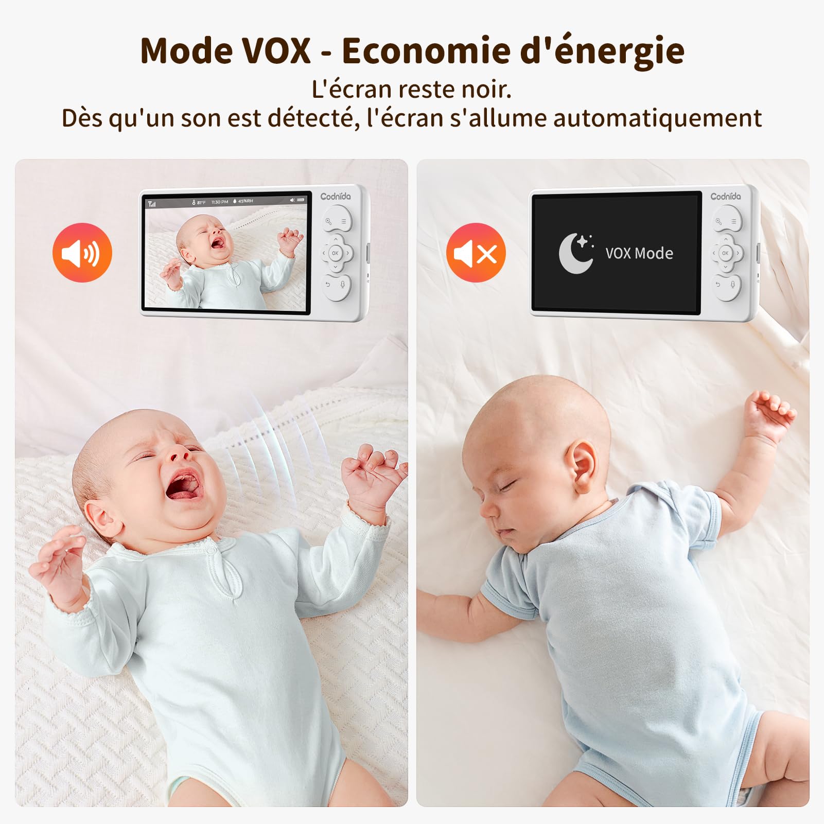 Codnida 5.5" LCD Babyphone Camera,2K 3MP Caméra Bebe Surveillance avec Vision Nocturne Suivi Automatique Capteur Soins Intelligents Mode Vox Audio Bidirectionnel Berceuses