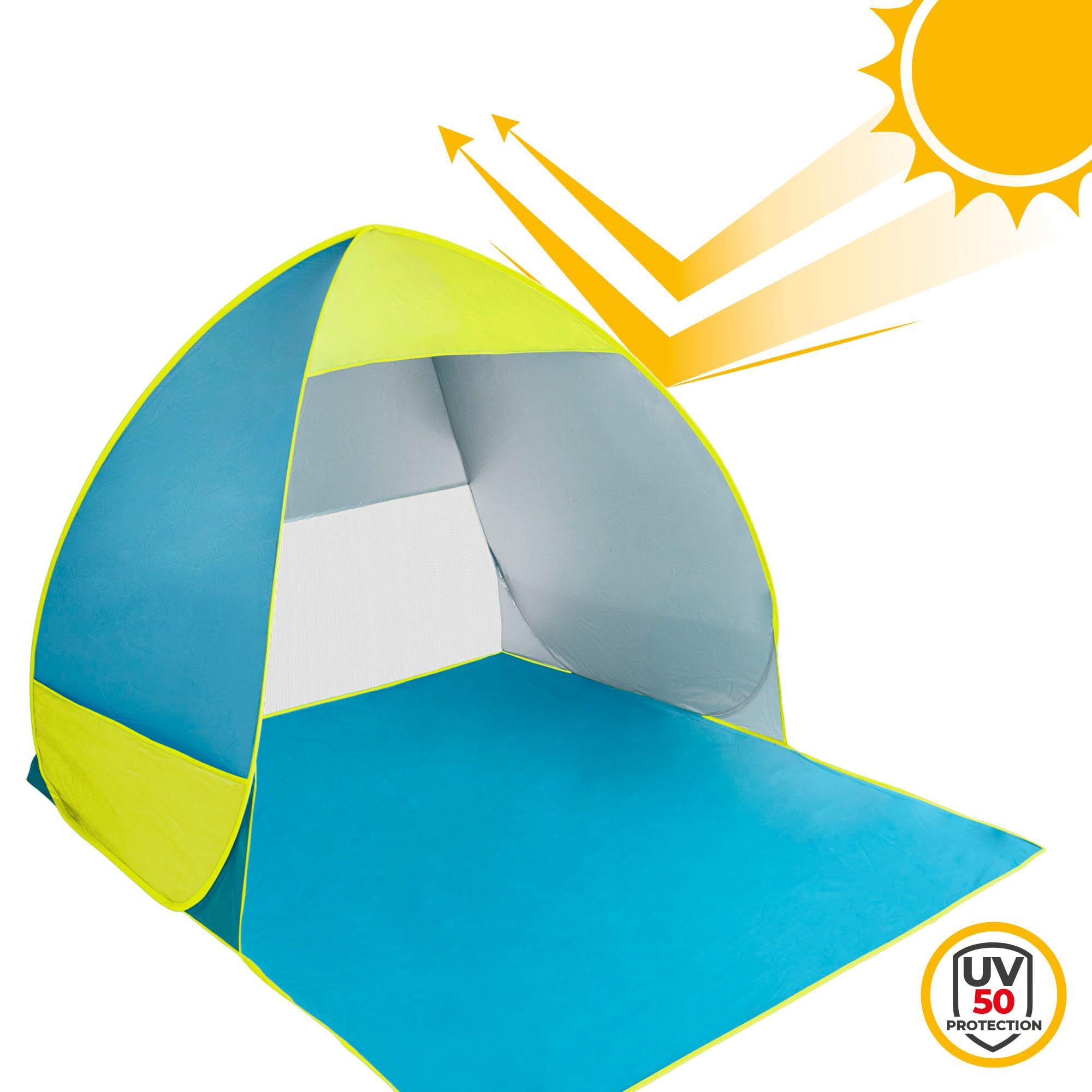 AKTIVE Tenda da spiaggia pop-up blu e verde, protezione solare UV50, design semi-chiuso con ventilazione, struttura pieghevole leggera, 130x130x110 cm, borsa per il trasporto (62165)